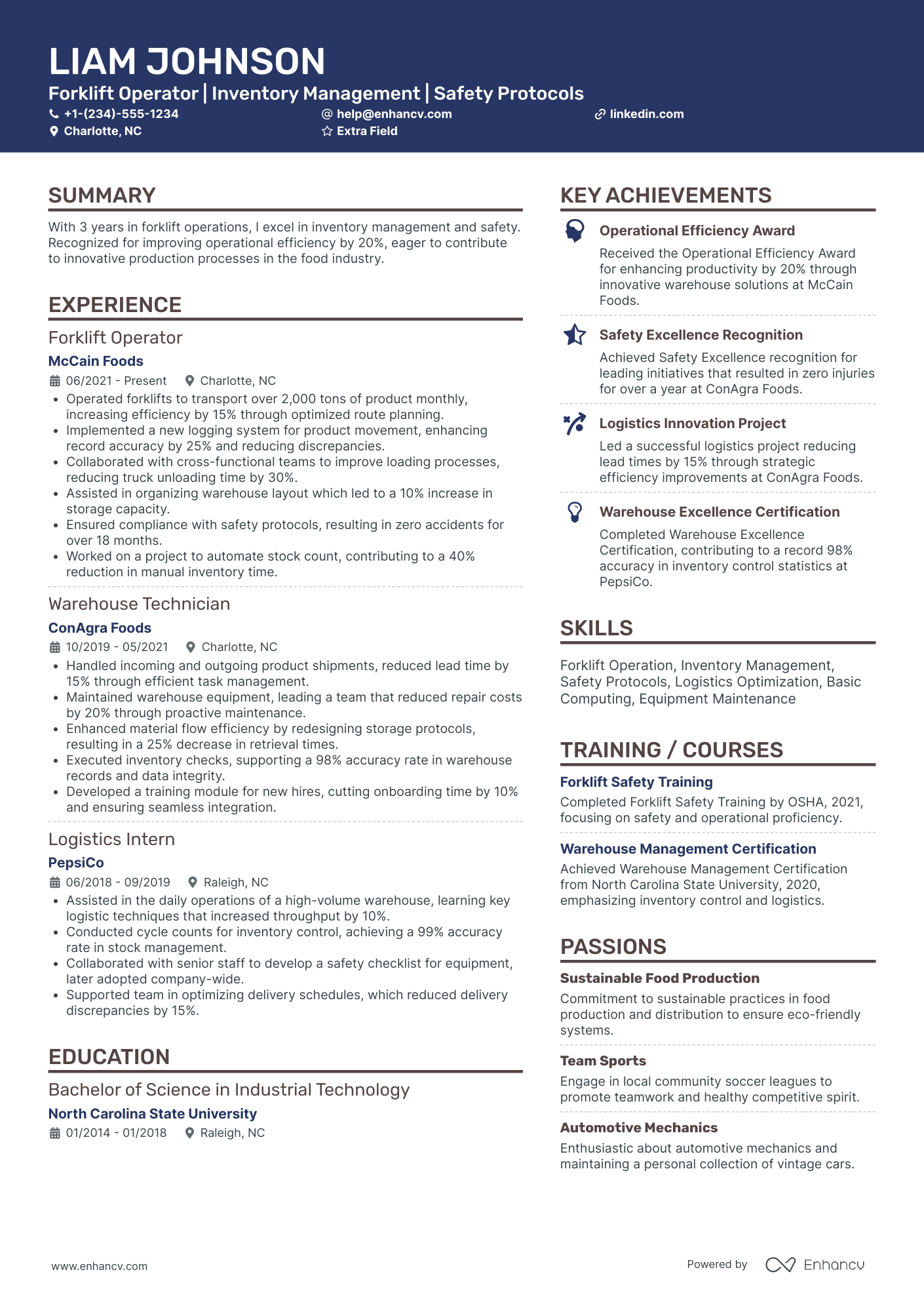 Junior Forklift Operator Resume Example