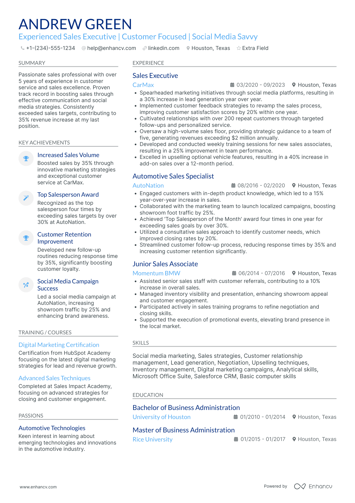 Car Salesman Manager Resume Example