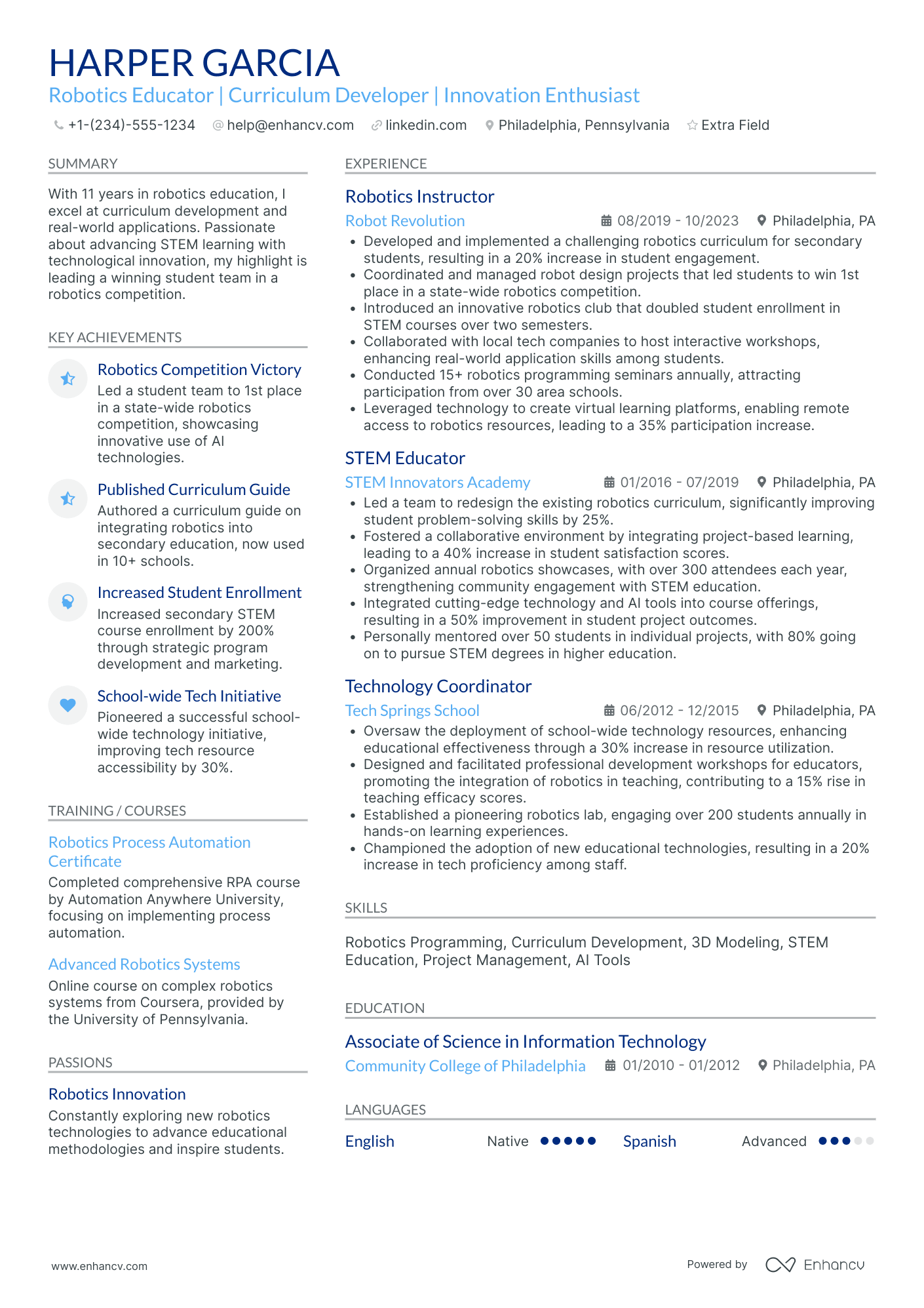 After School Robotics Teacher Resume Example