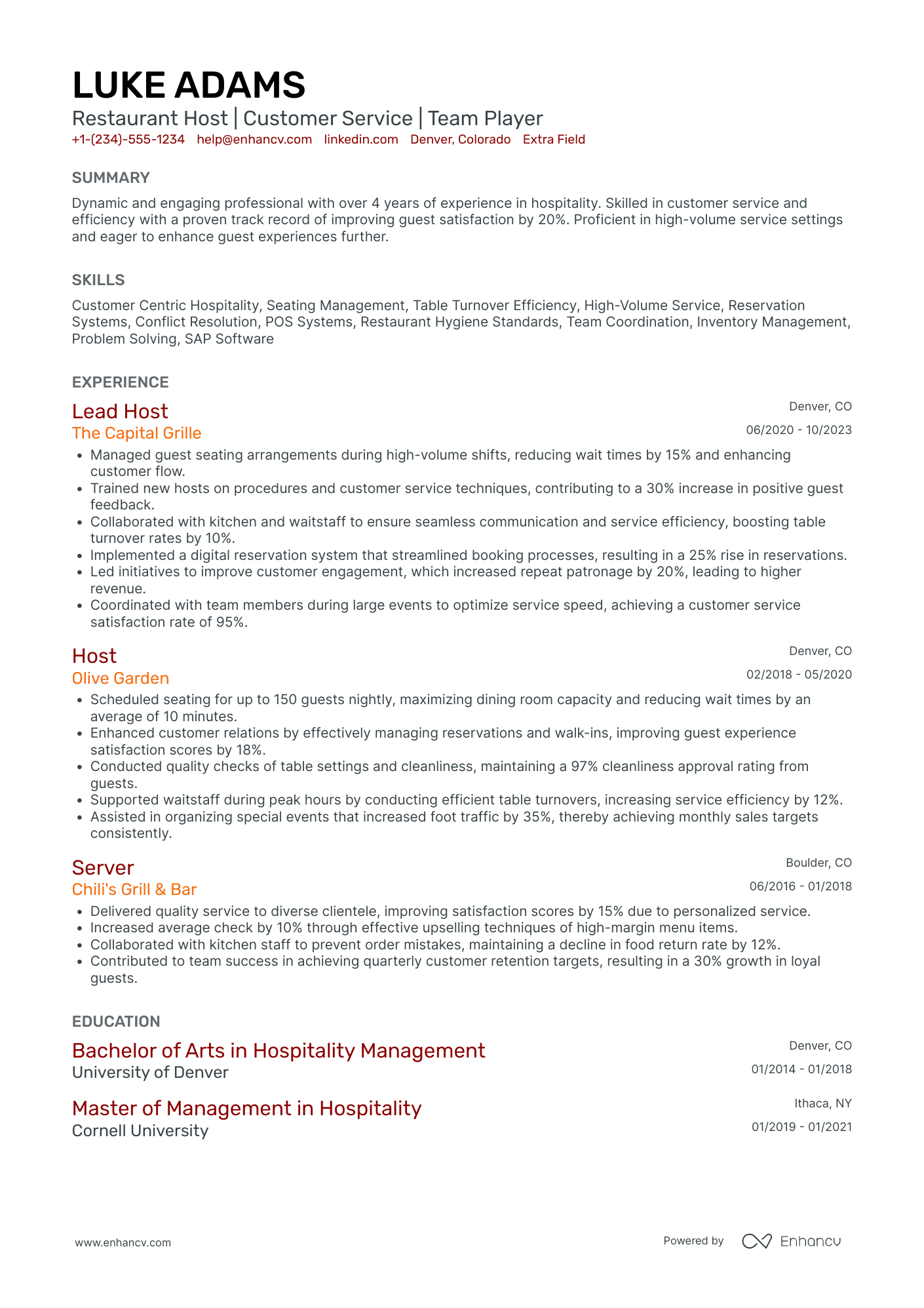 Resort Hostess Resume Example