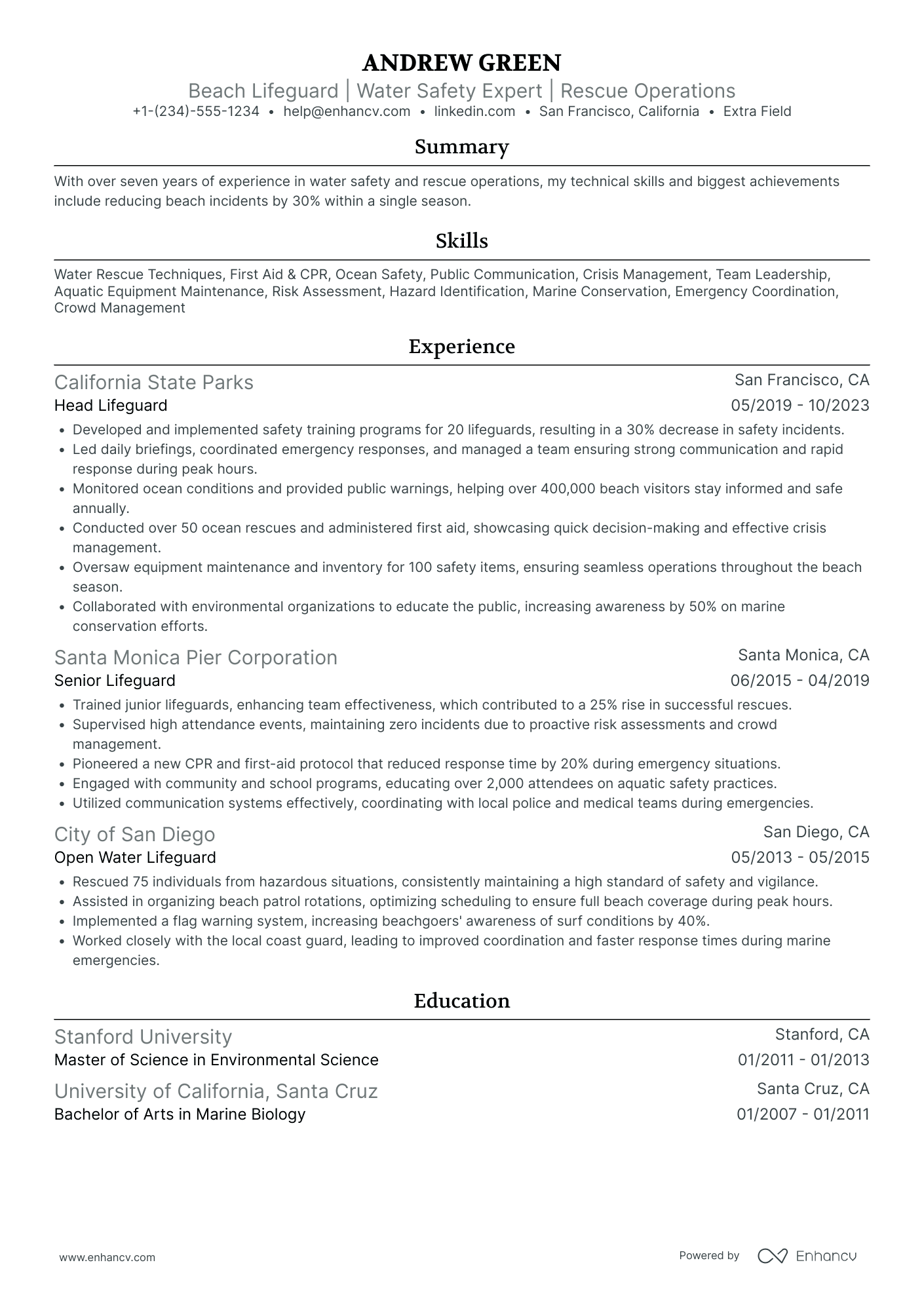 Beach Lifeguard Resume Example