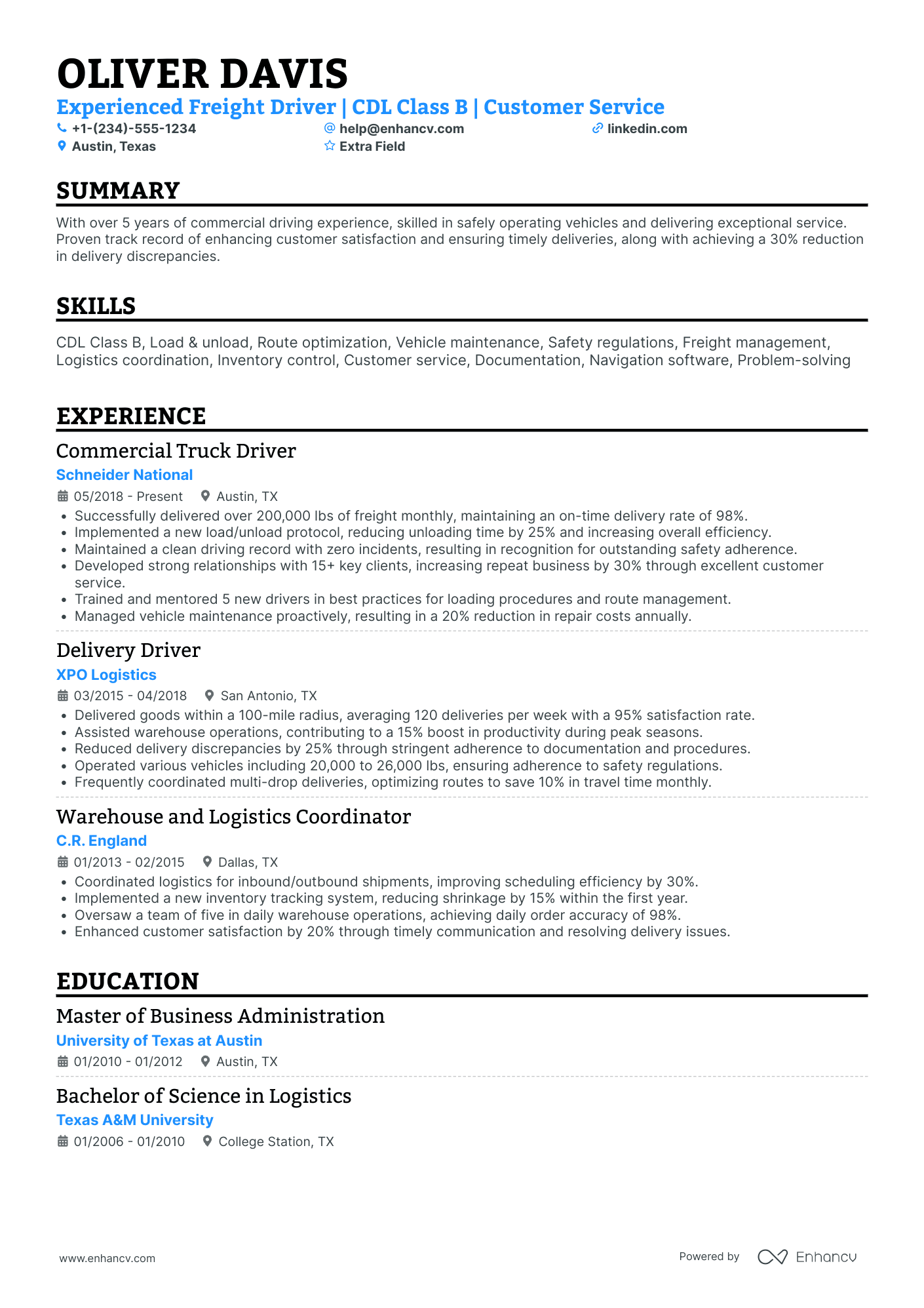 Freight Truck Driver Resume Example