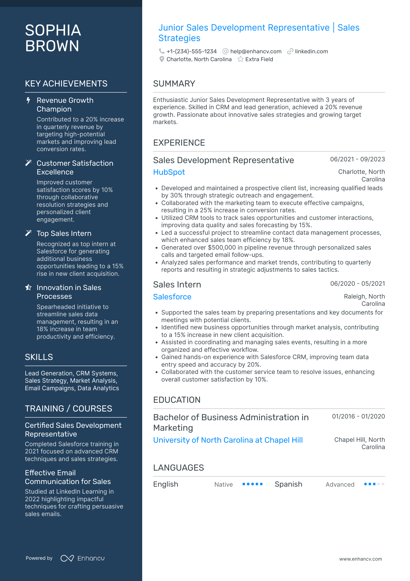 Junior Sales Development Representative Resume Example