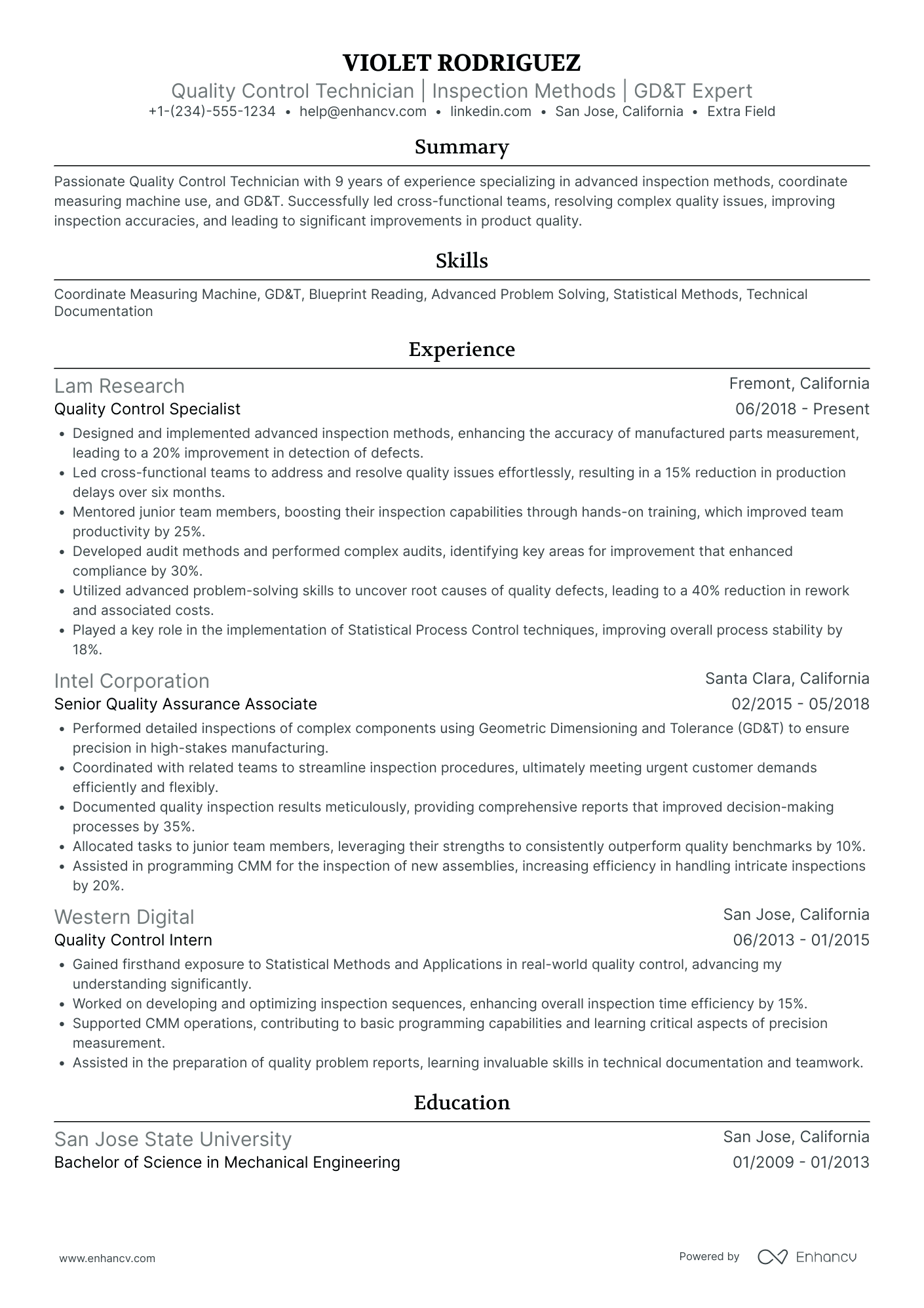 Junior Quality Control Technician Resume Example