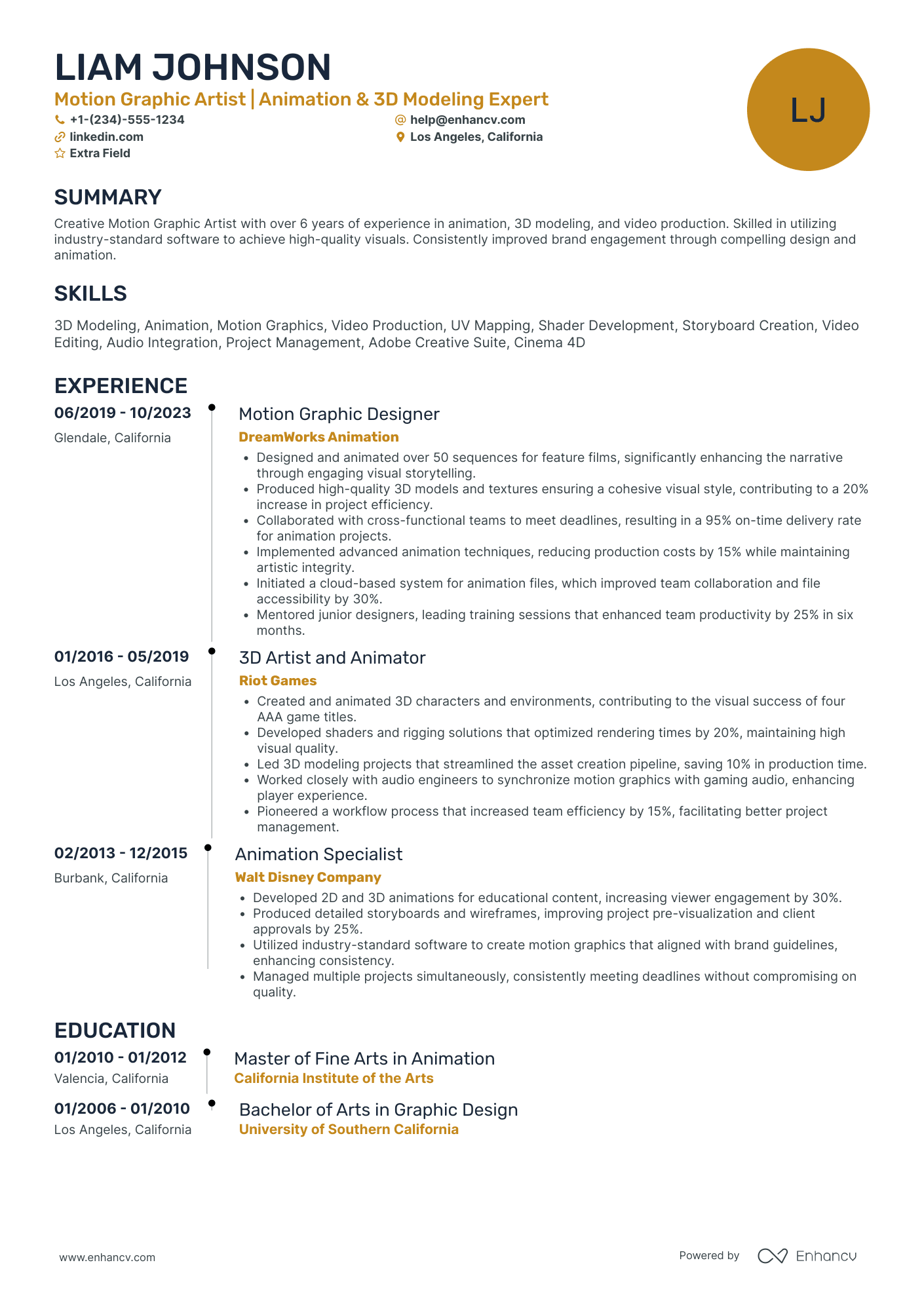 3D Animation Artist Resume Example