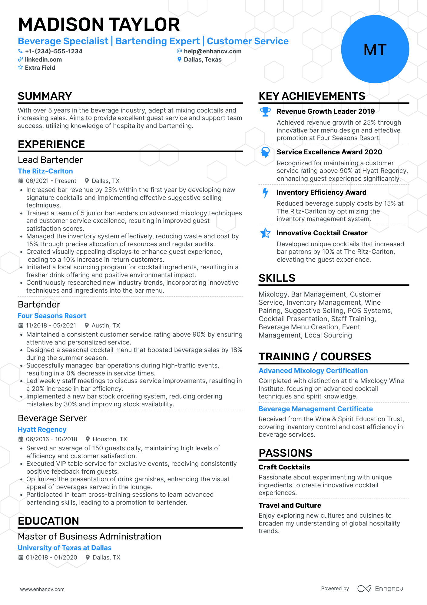 Seasonal Bartender Resume Example