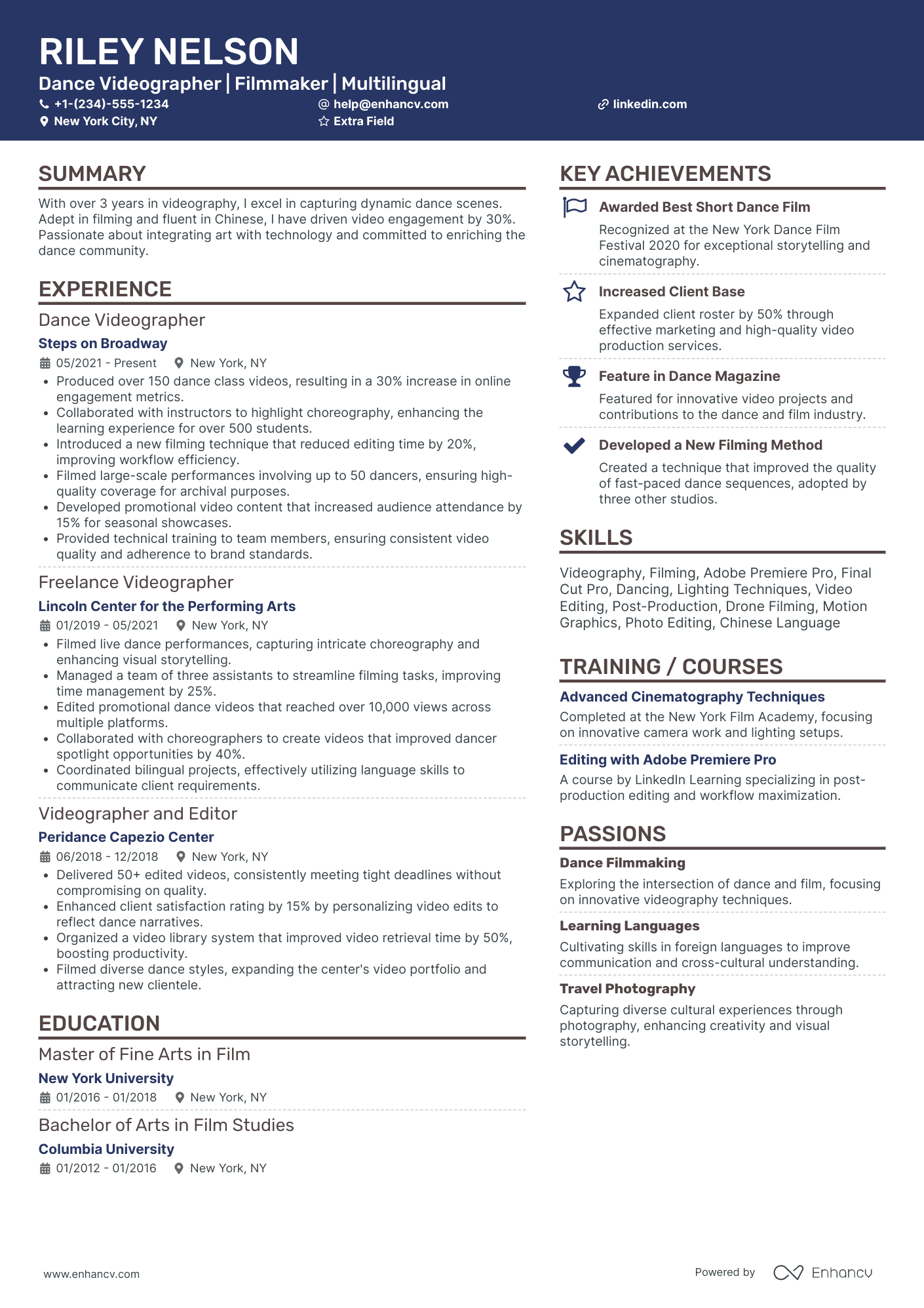 Dance Videographer Resume Example