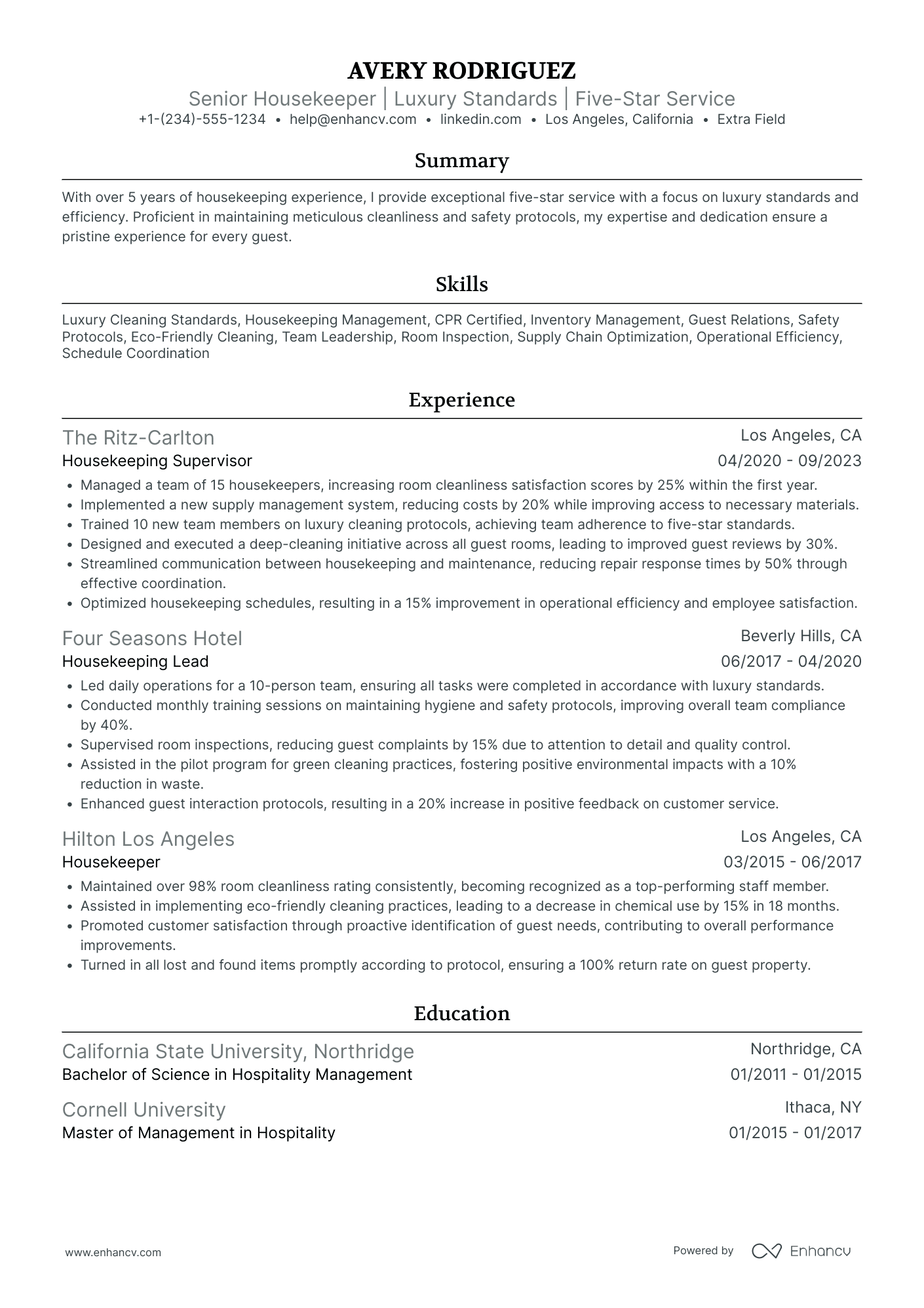 Hotel Housekeeper Resume Example