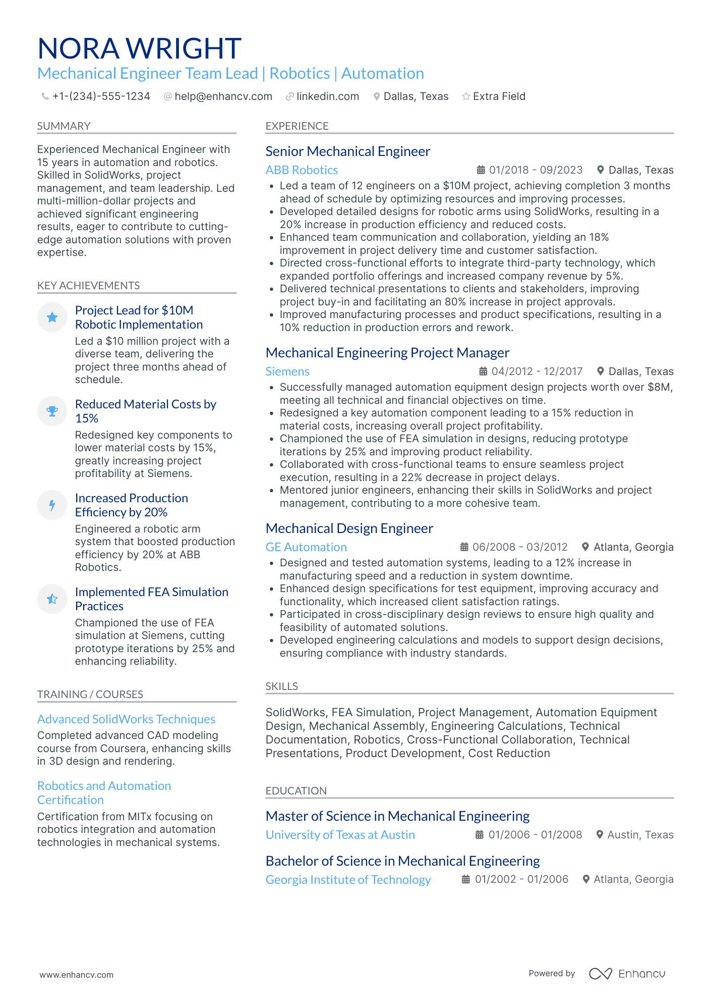 Lead Mechanical Design Engineer Resume Example