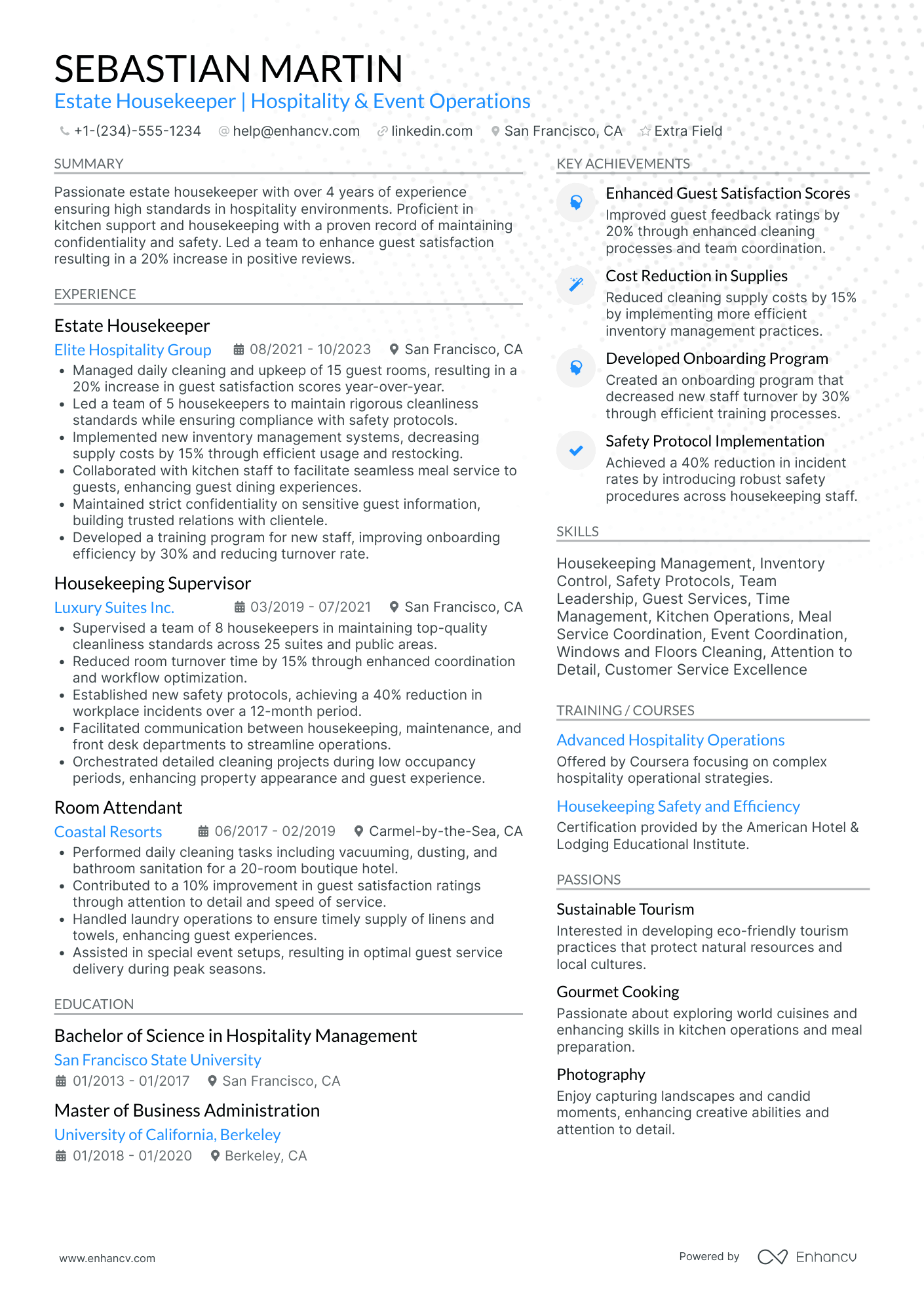 Estate Housekeeper Resume Example