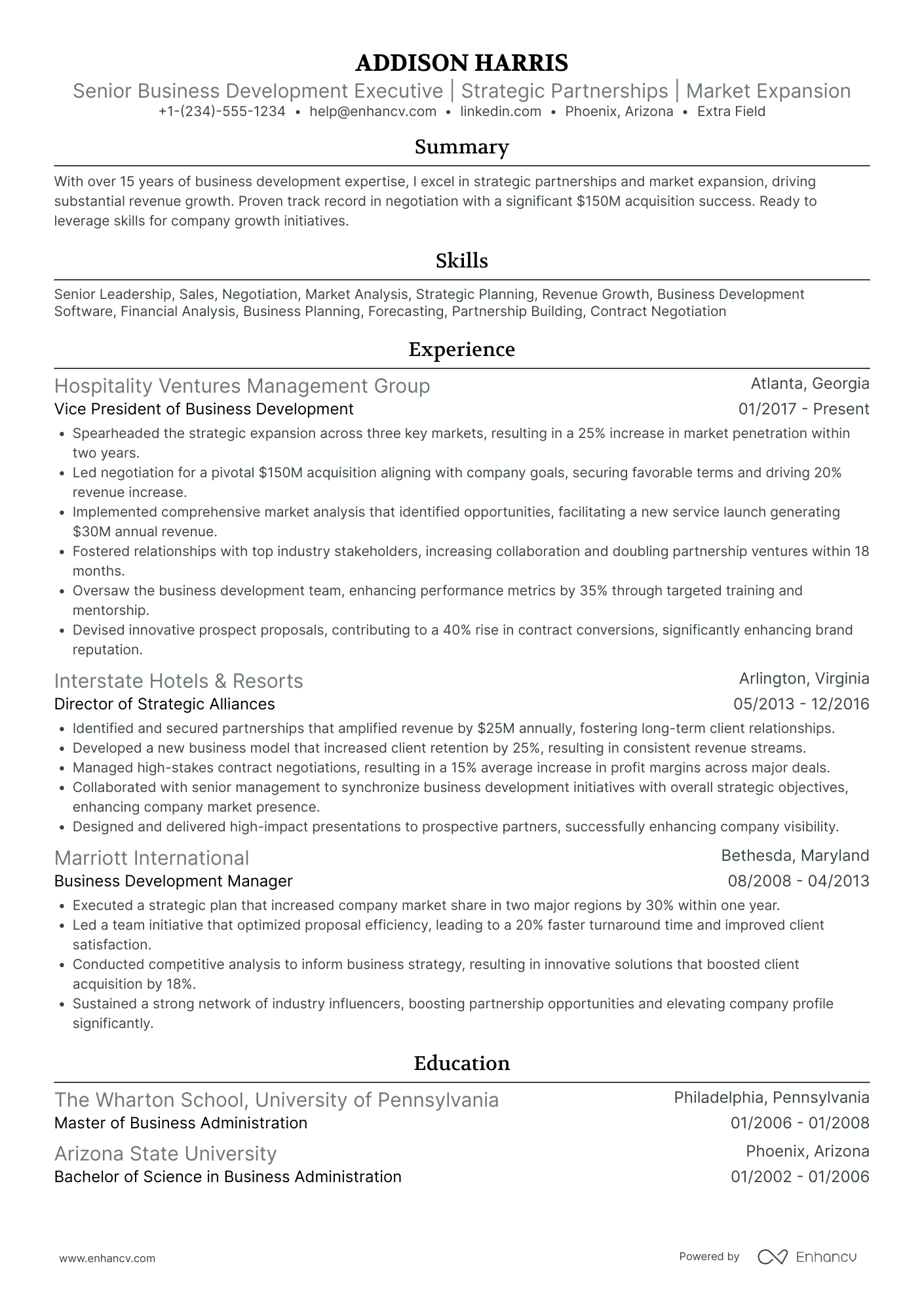 Senior VP Business Development Resume Example