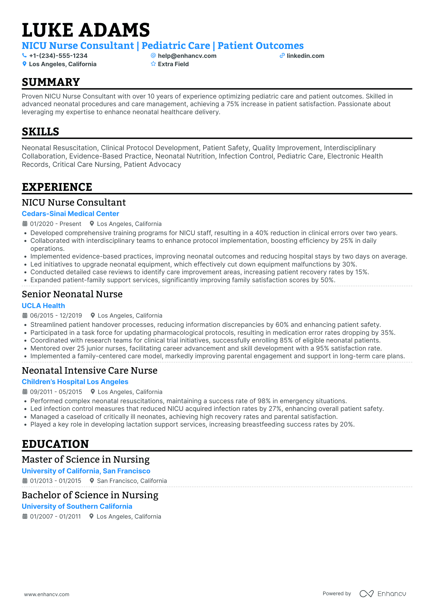 NICU Nurse Consultant Resume Example