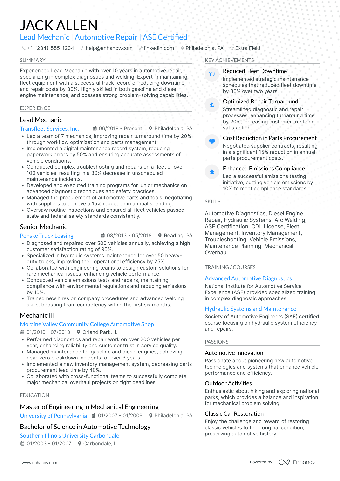 Lead Mechanic Resume Example