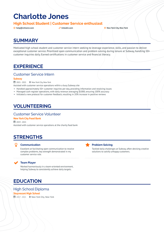 High School Student For Customer Service Resume Example