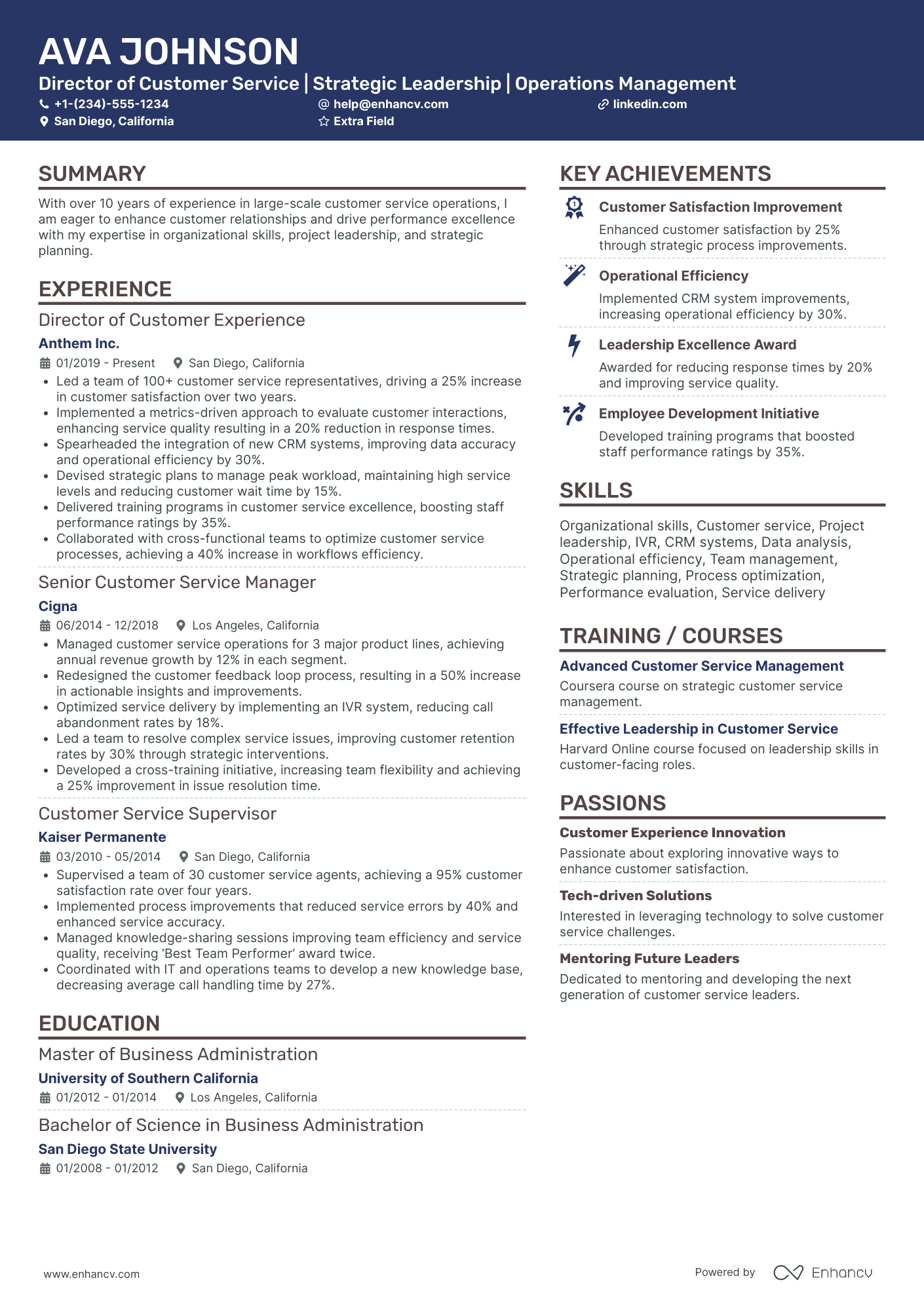 Director of Customer Service Resume Example