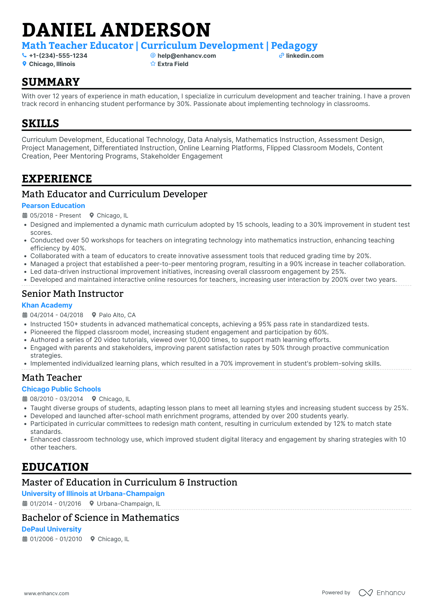 Math Teacher Educator Resume Example