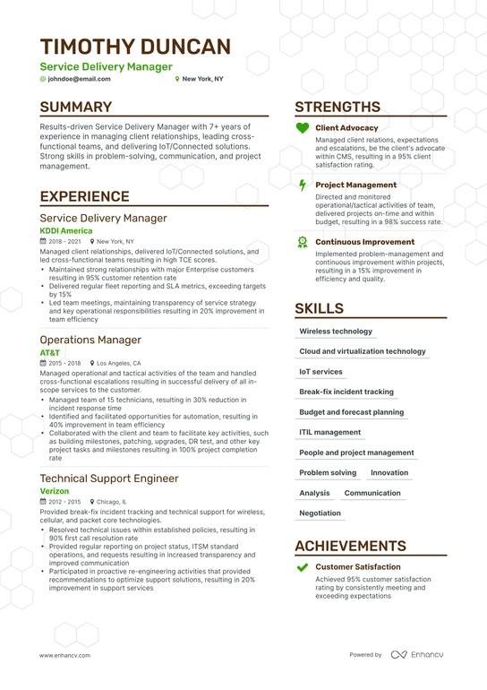 Service Delivery Manager Resume Example
