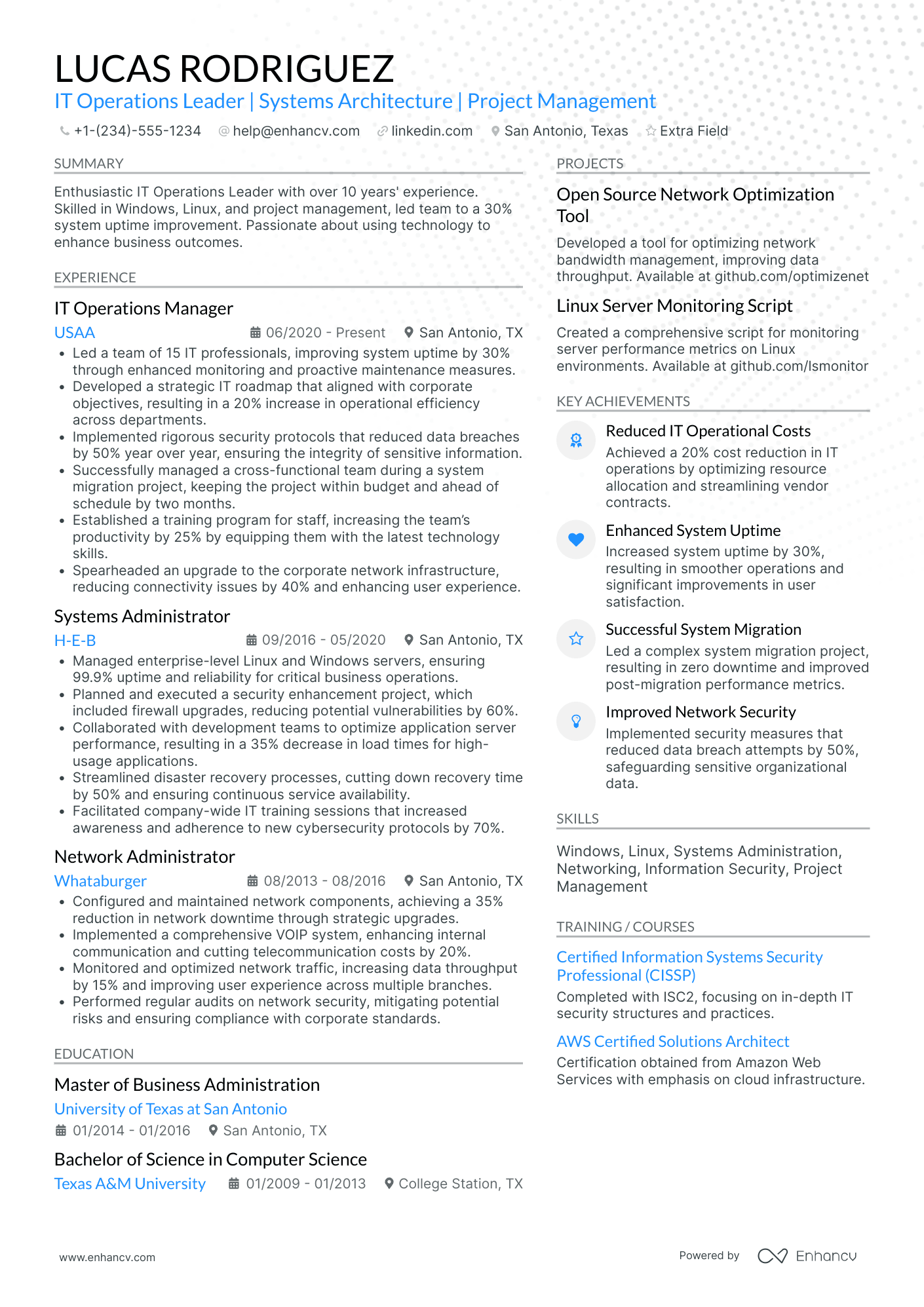 Lead IT Operations Manager Resume Example