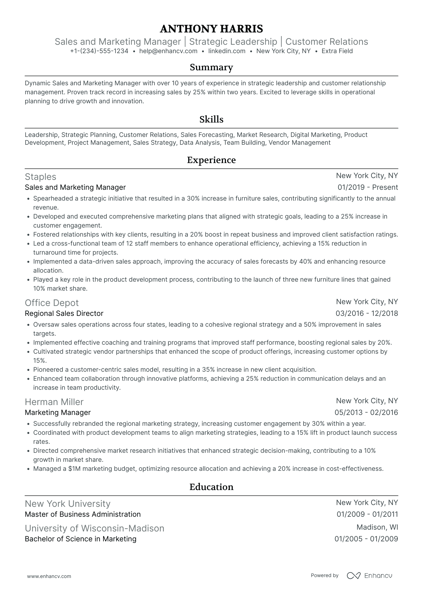 Sales and Marketing Manager Resume Example