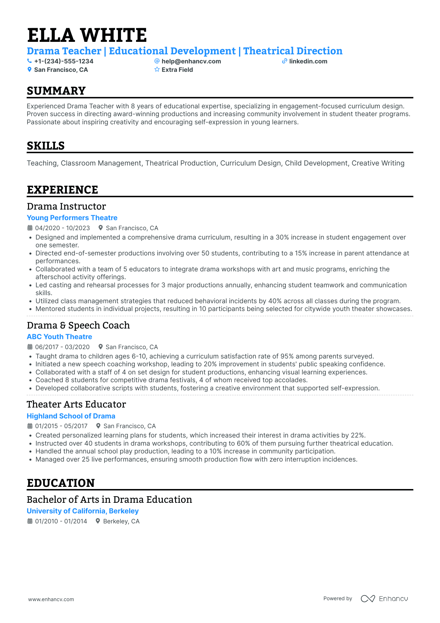 After School Drama Teacher Resume Example