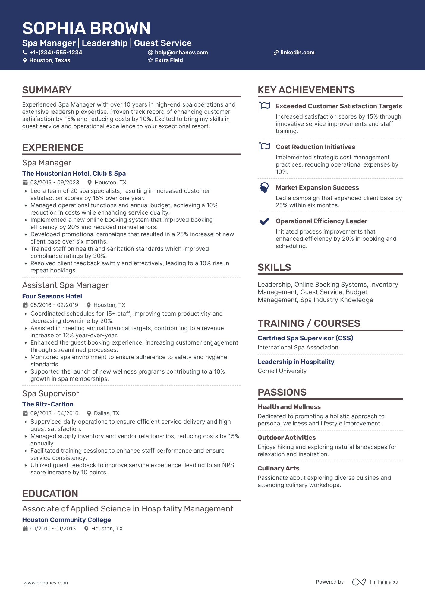 Spa Revenue Manager Resume Example