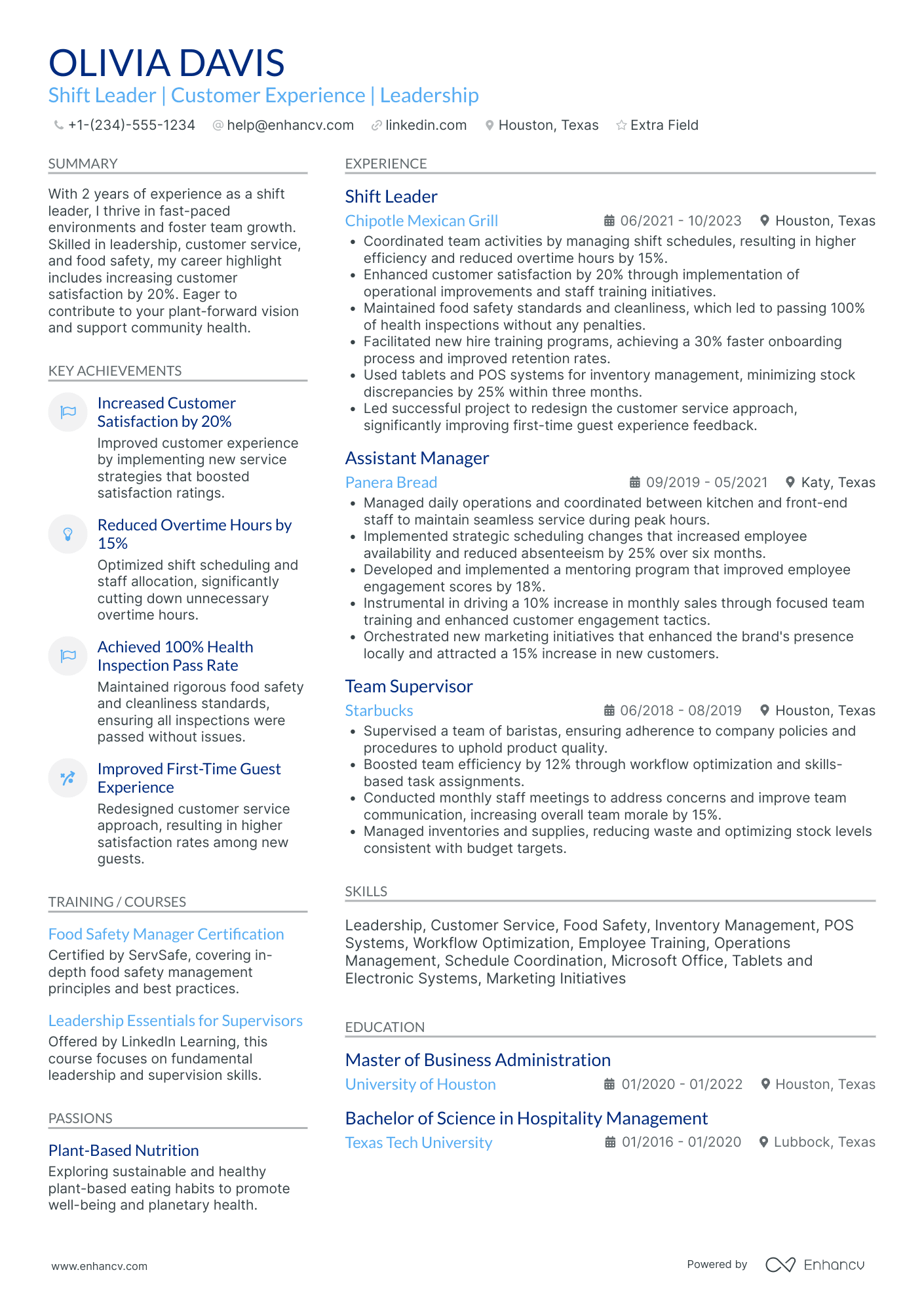 Fast Food Shift Leader Resume Example