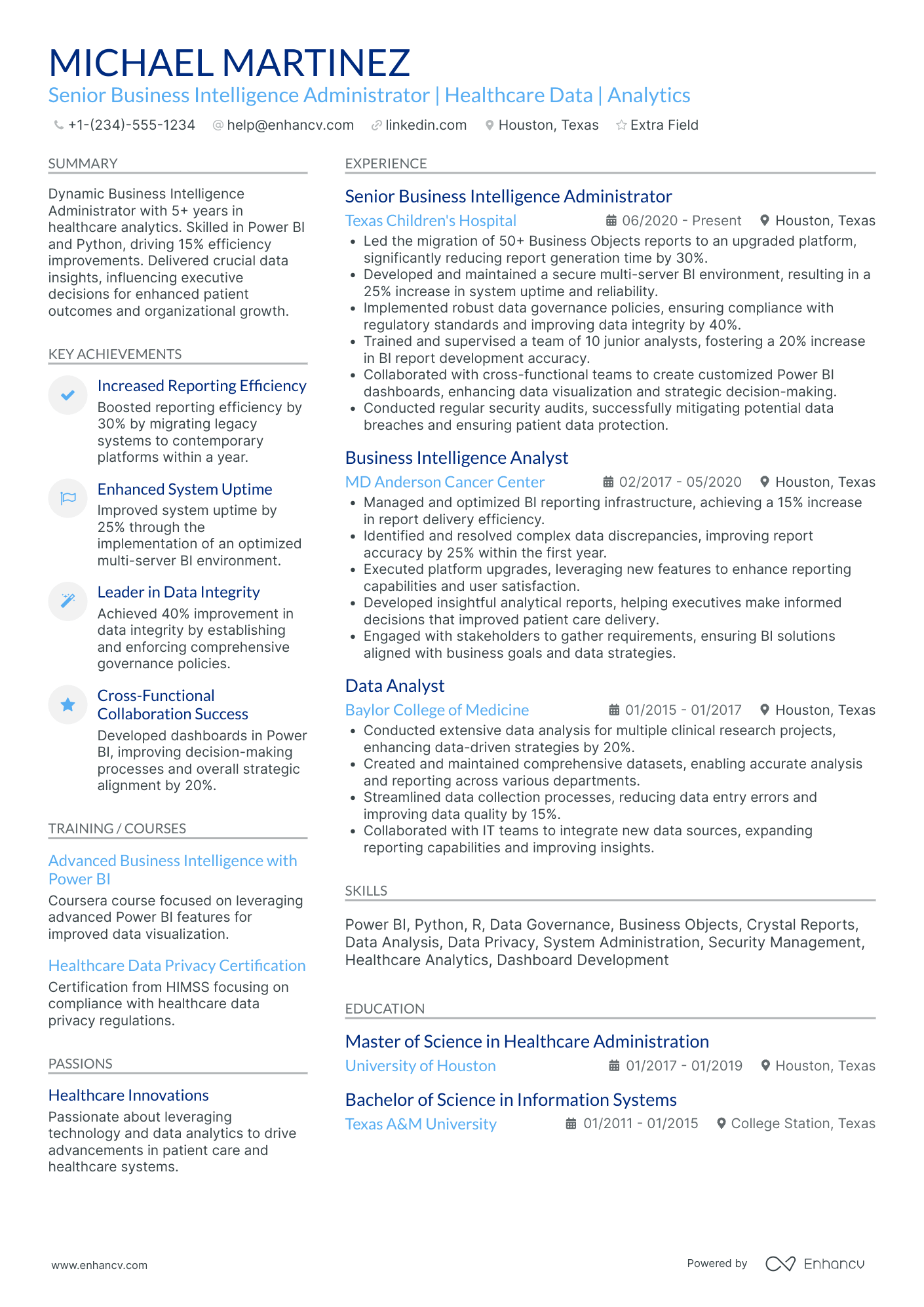 Business Intelligence Administrator Resume Example