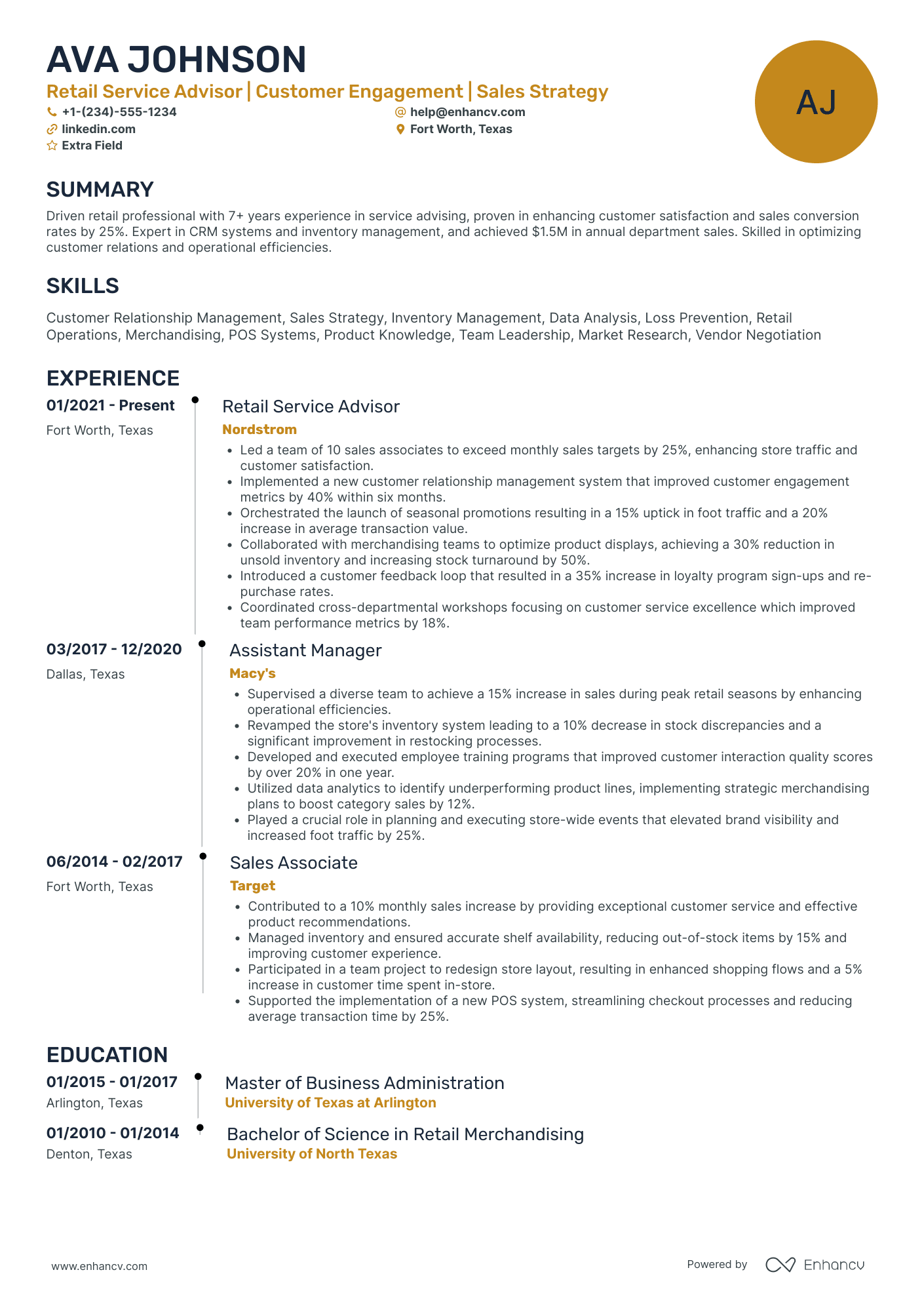 Retail Service Advisor Resume Example