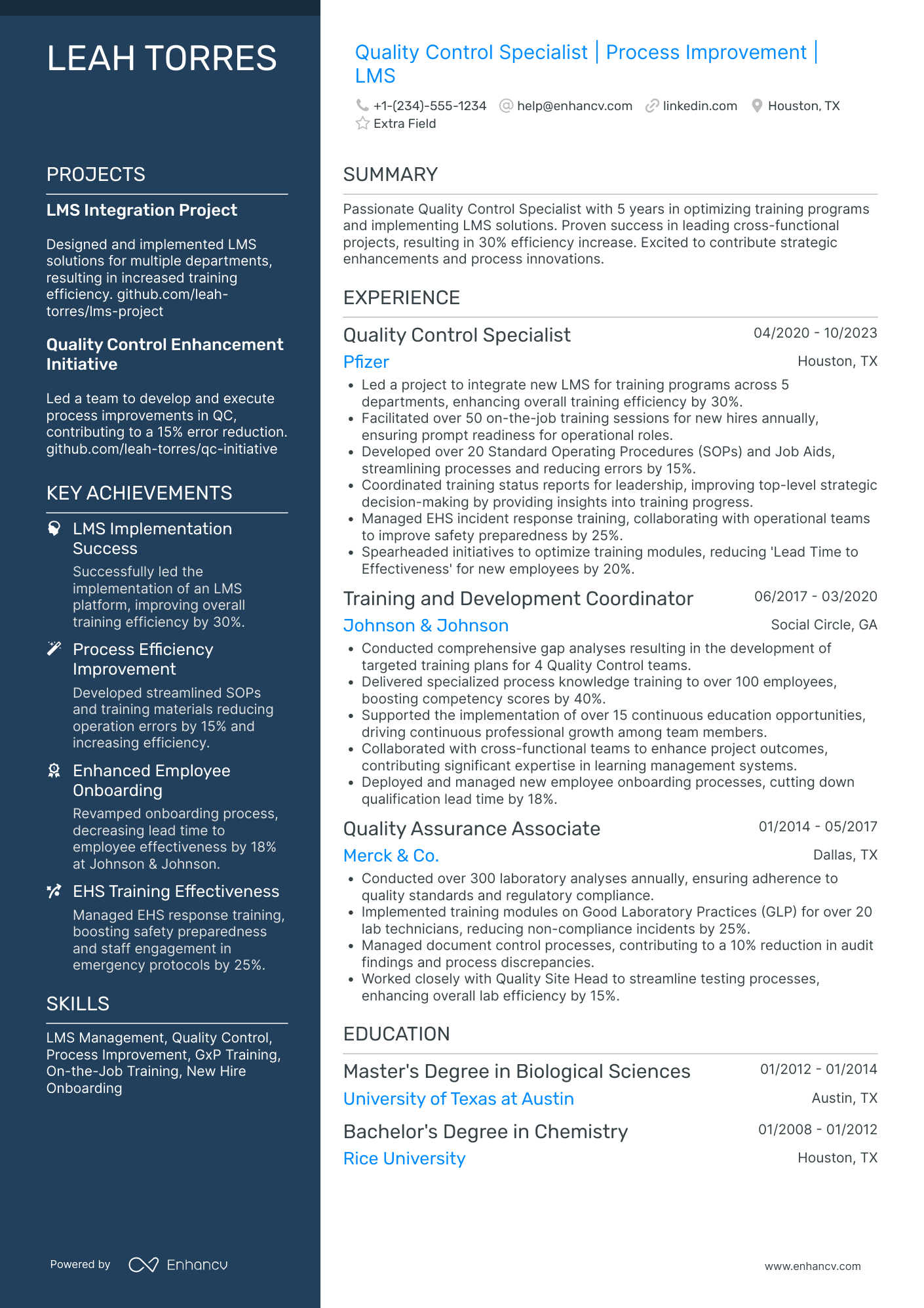 Quality Control Coordinator Resume Example