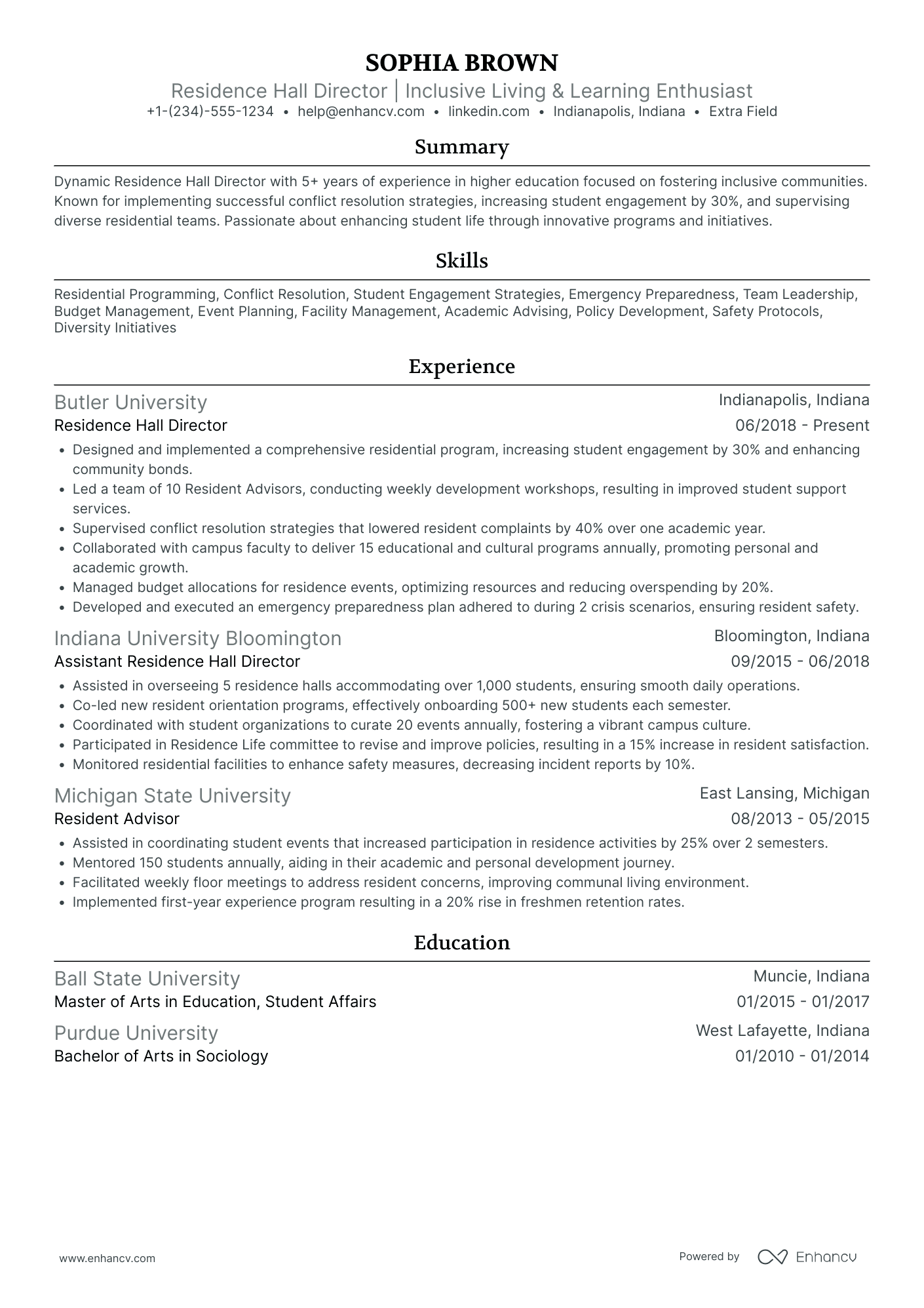 College Residence Hall Director Resume Example