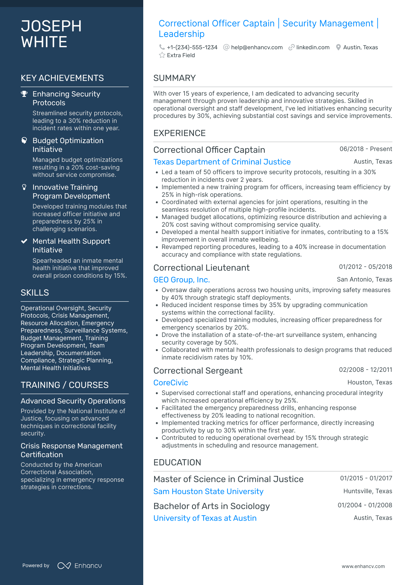 Correctional Officer Captain Resume Example