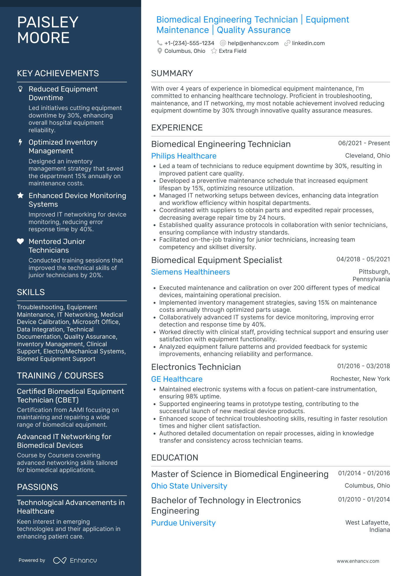 Biomedical Engineering Technician Resume Example