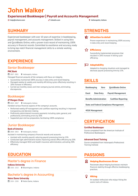 Experienced Bookkeeper Resume Example