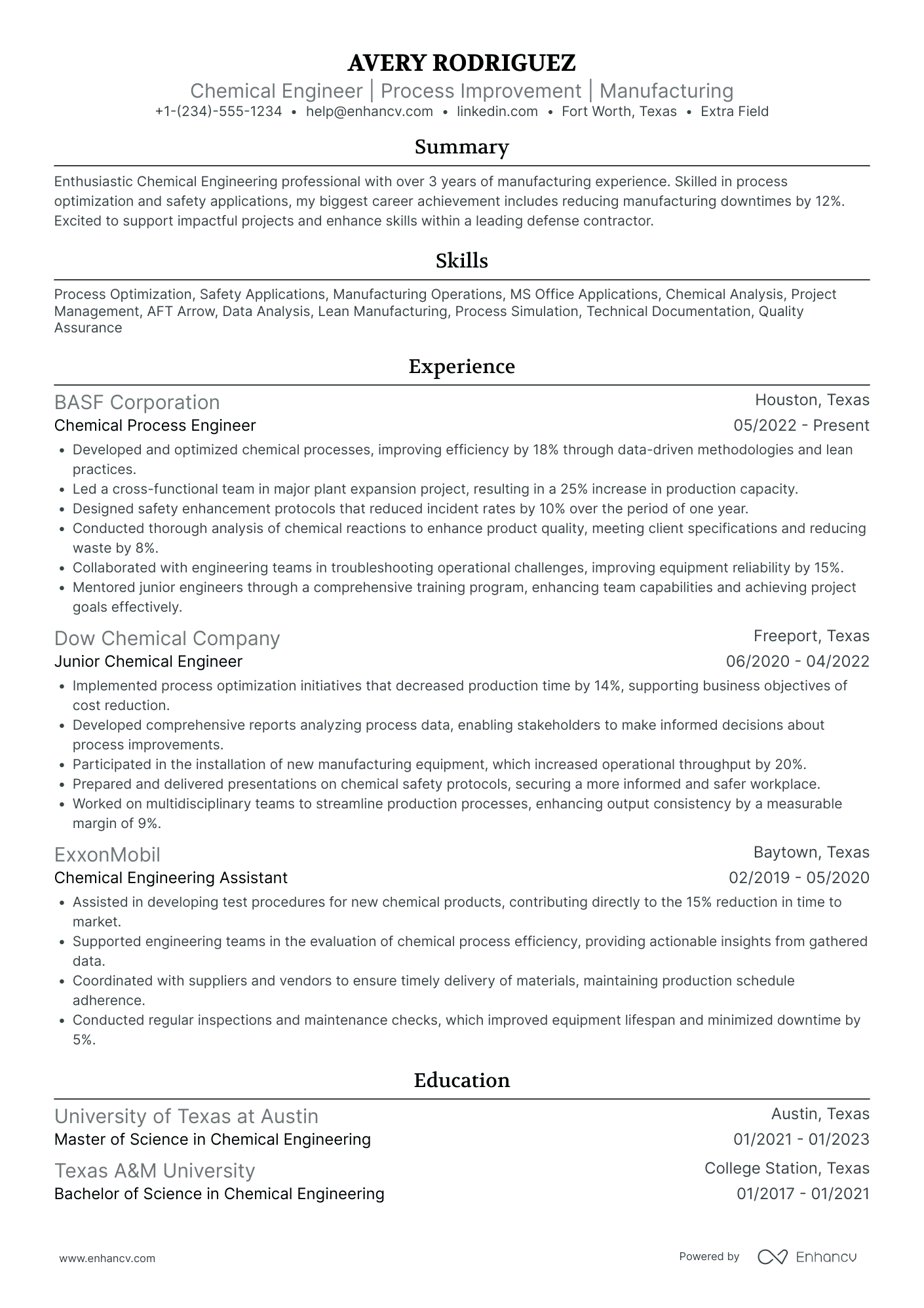 Chemical Engineering Consultant Resume Example