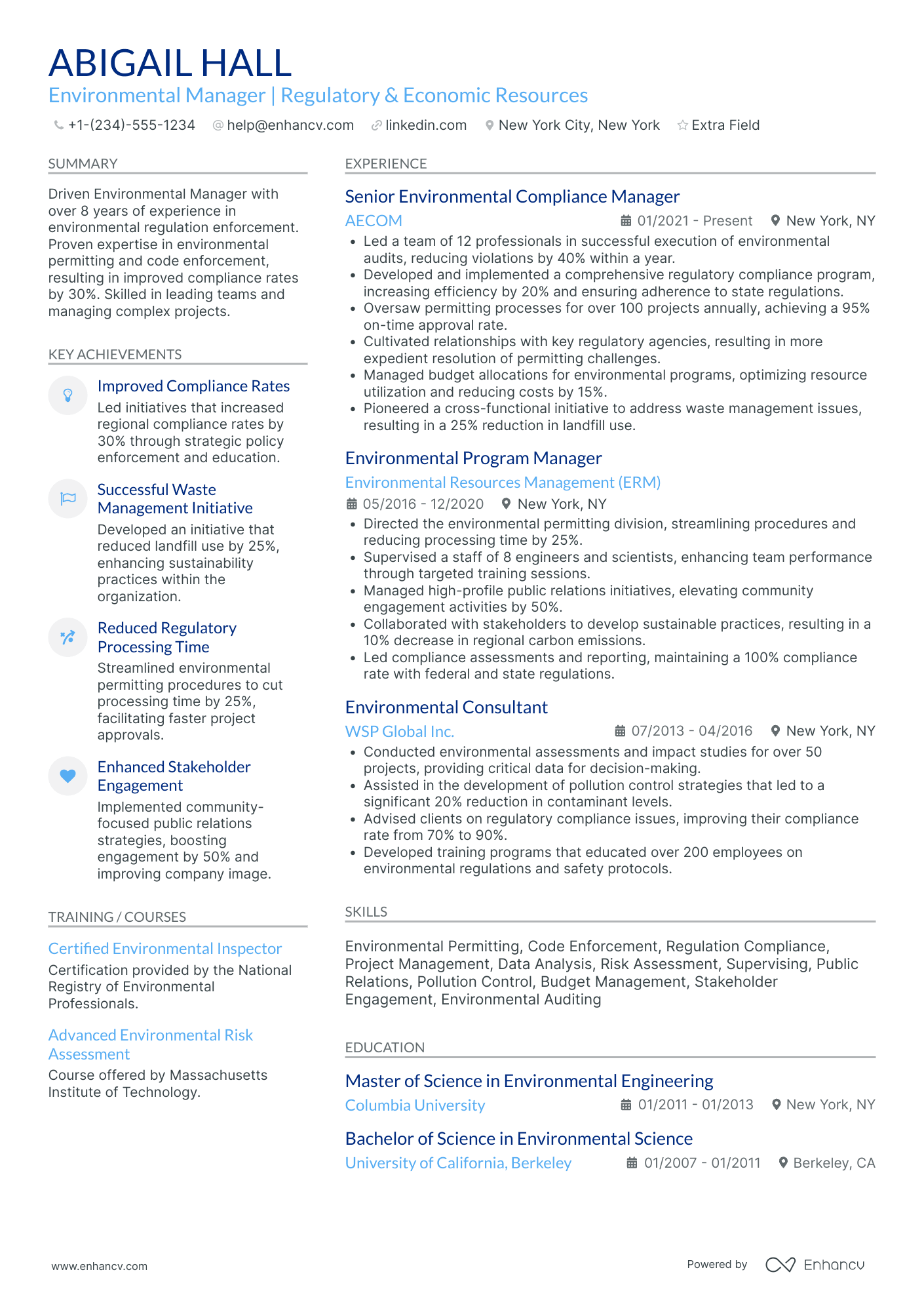 Environmental Resource Manager Resume Example