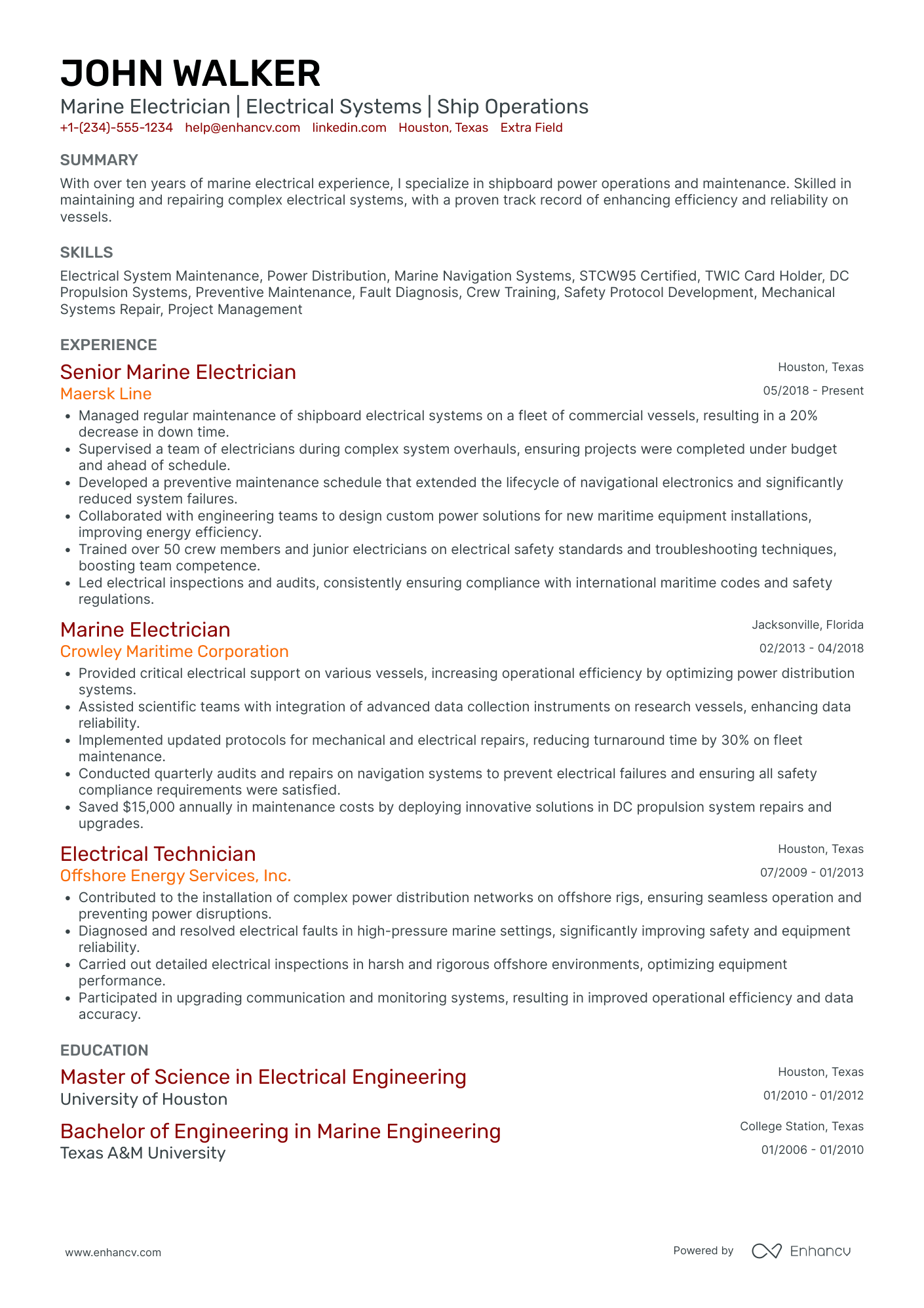 Marine Electrician Resume Example