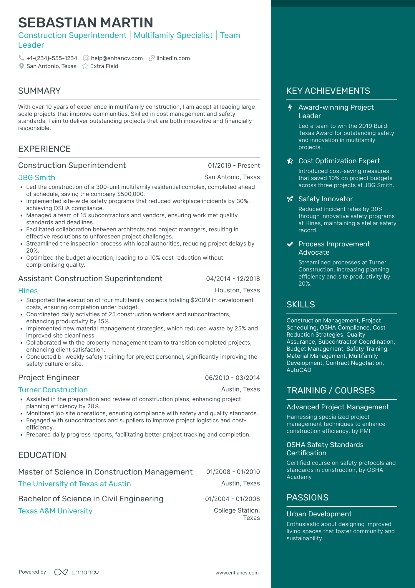 Lead Construction Superintendent Resume Example