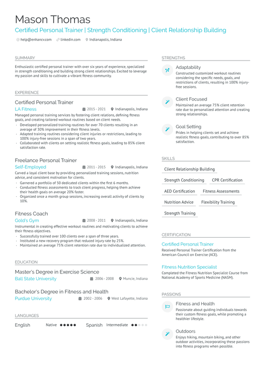 Self Employed Personal Trainer Resume Example