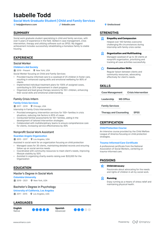 Social Work Student Resume Example