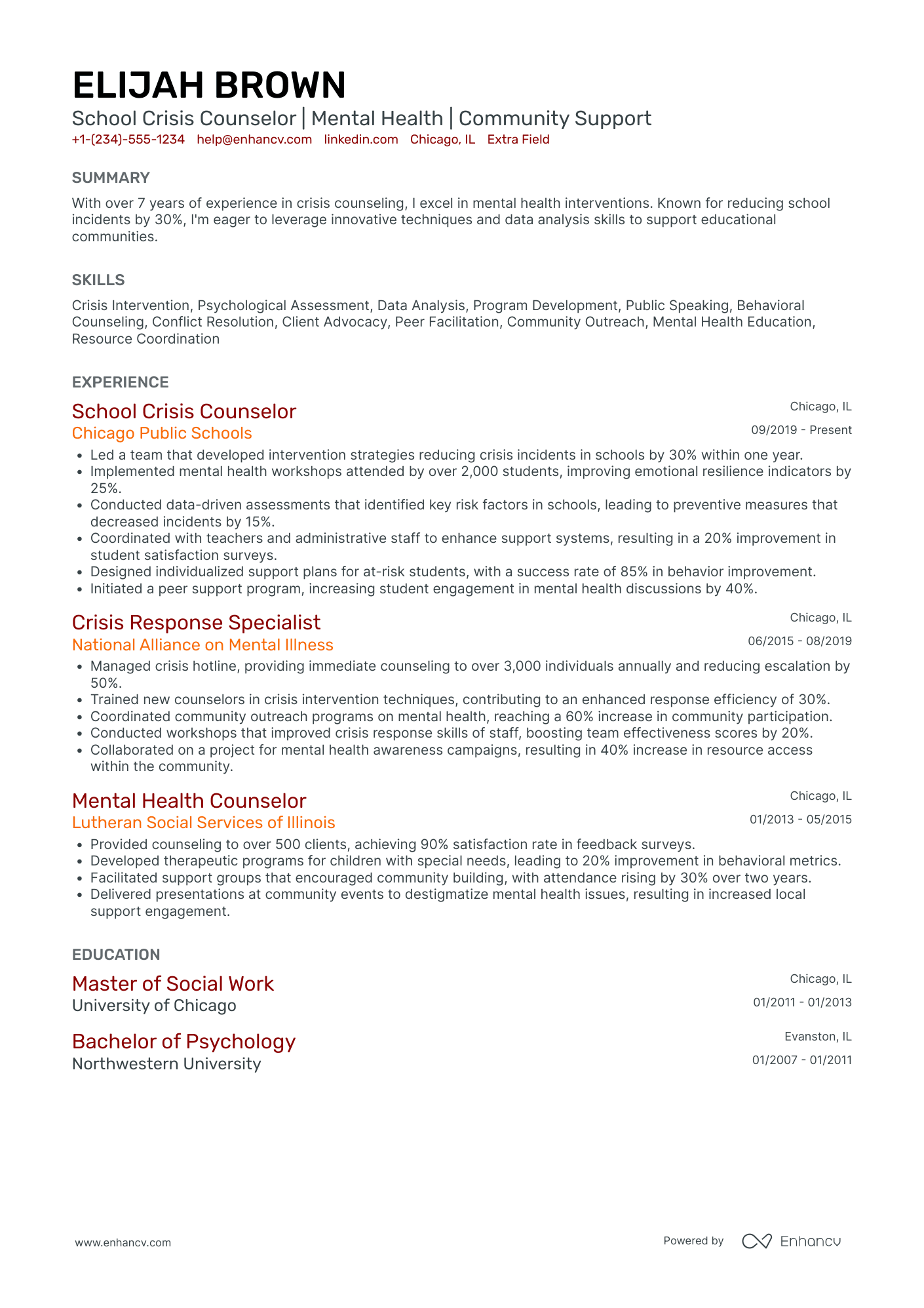 School Crisis Counselor Resume Example