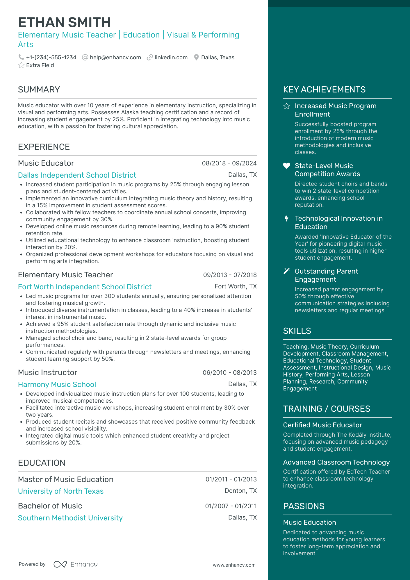 Elementary School Music Teacher Resume Example