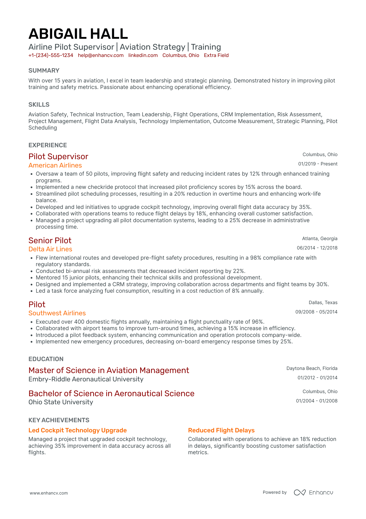 Airline Pilot Supervisor Resume Example