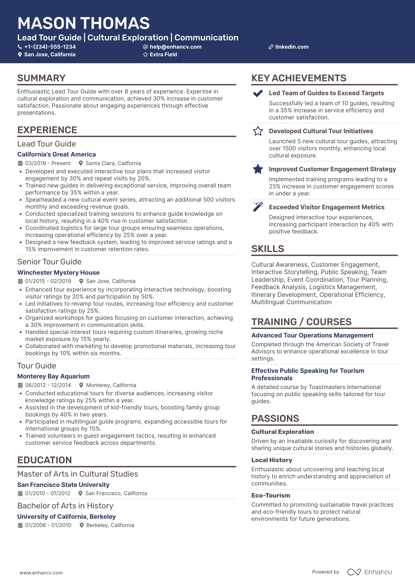 Lead Tour Guide Resume Example