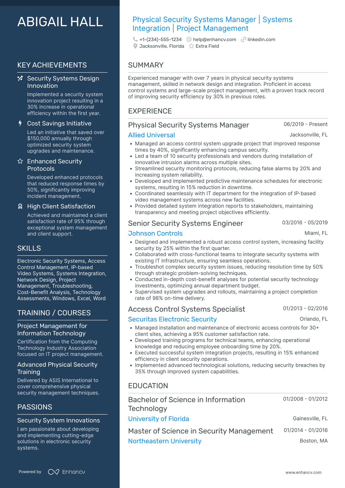 Security Systems Manager Resume Example