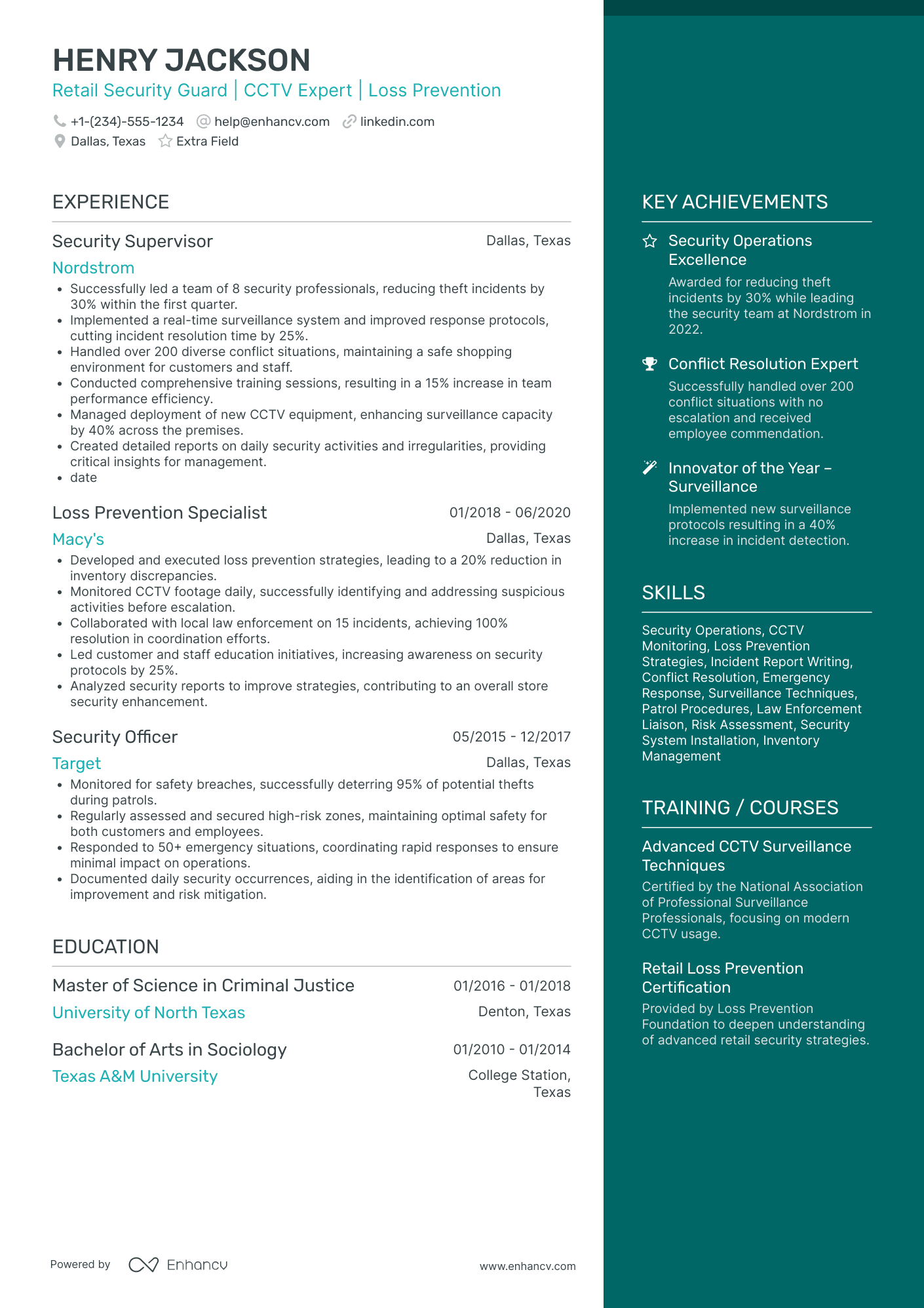 Retail Security Guard Resume Example