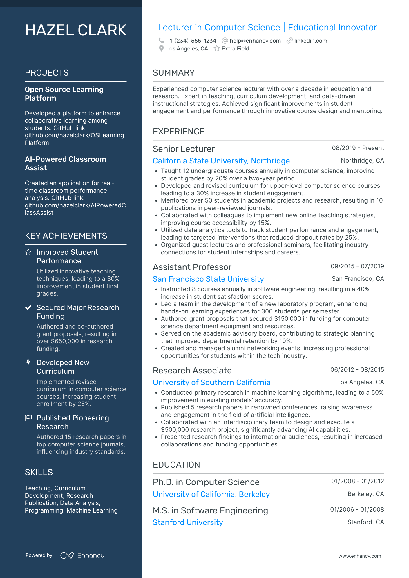 Computer Science Lecturer Resume Example