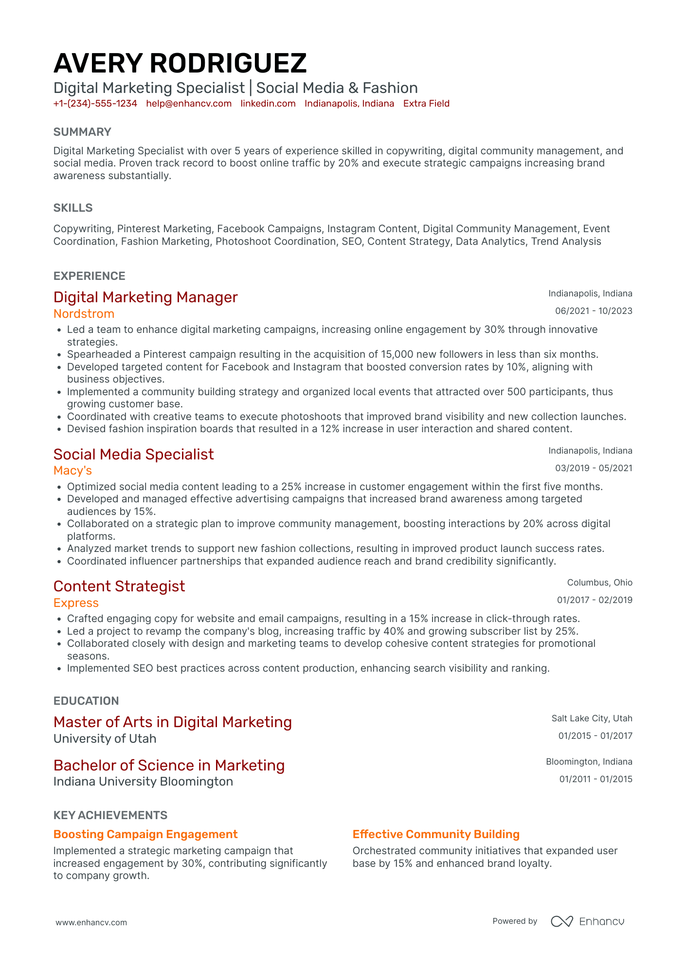 Social Media Marketing Specialist Resume Example