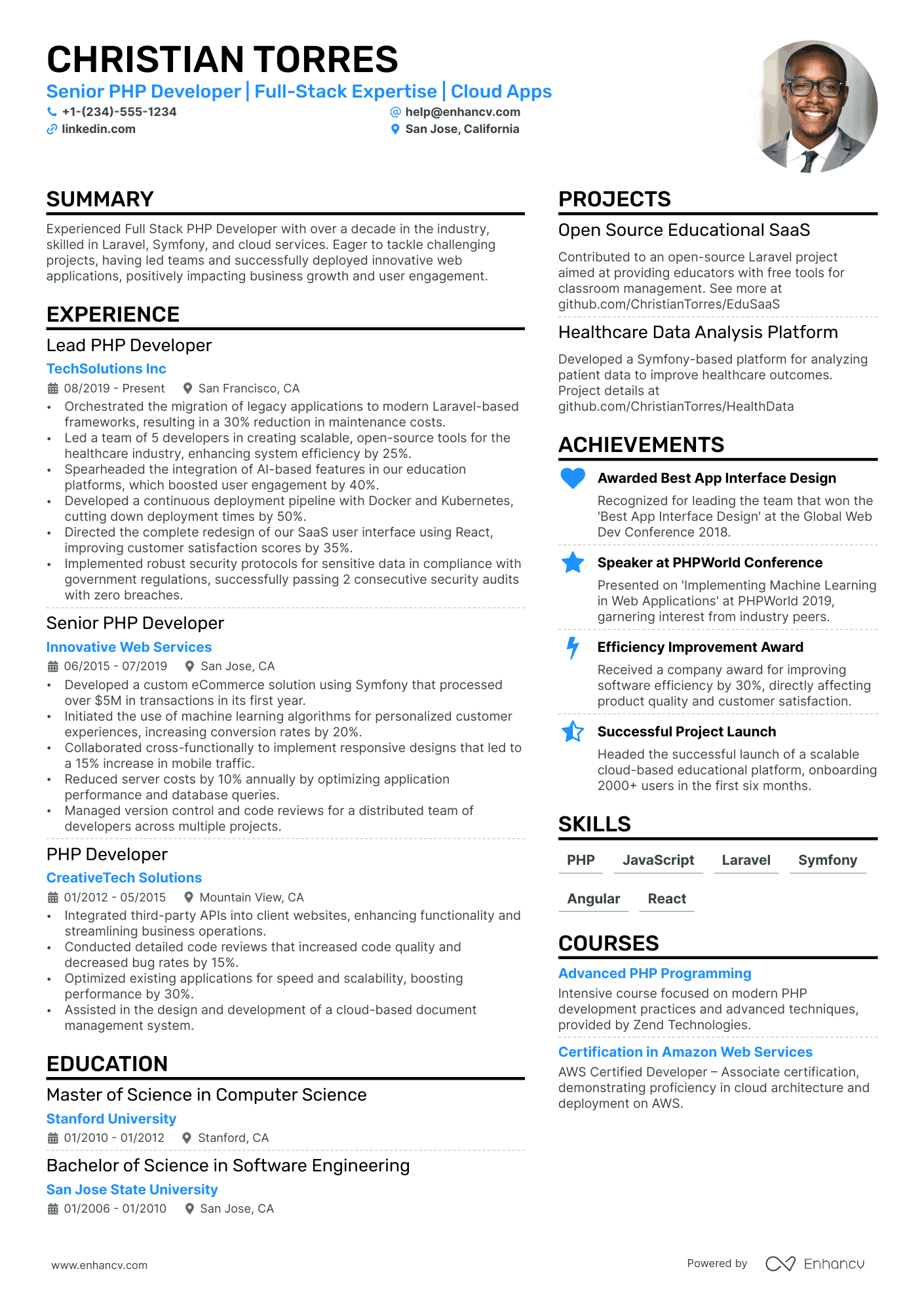 Senior PhP Developer Resume Example