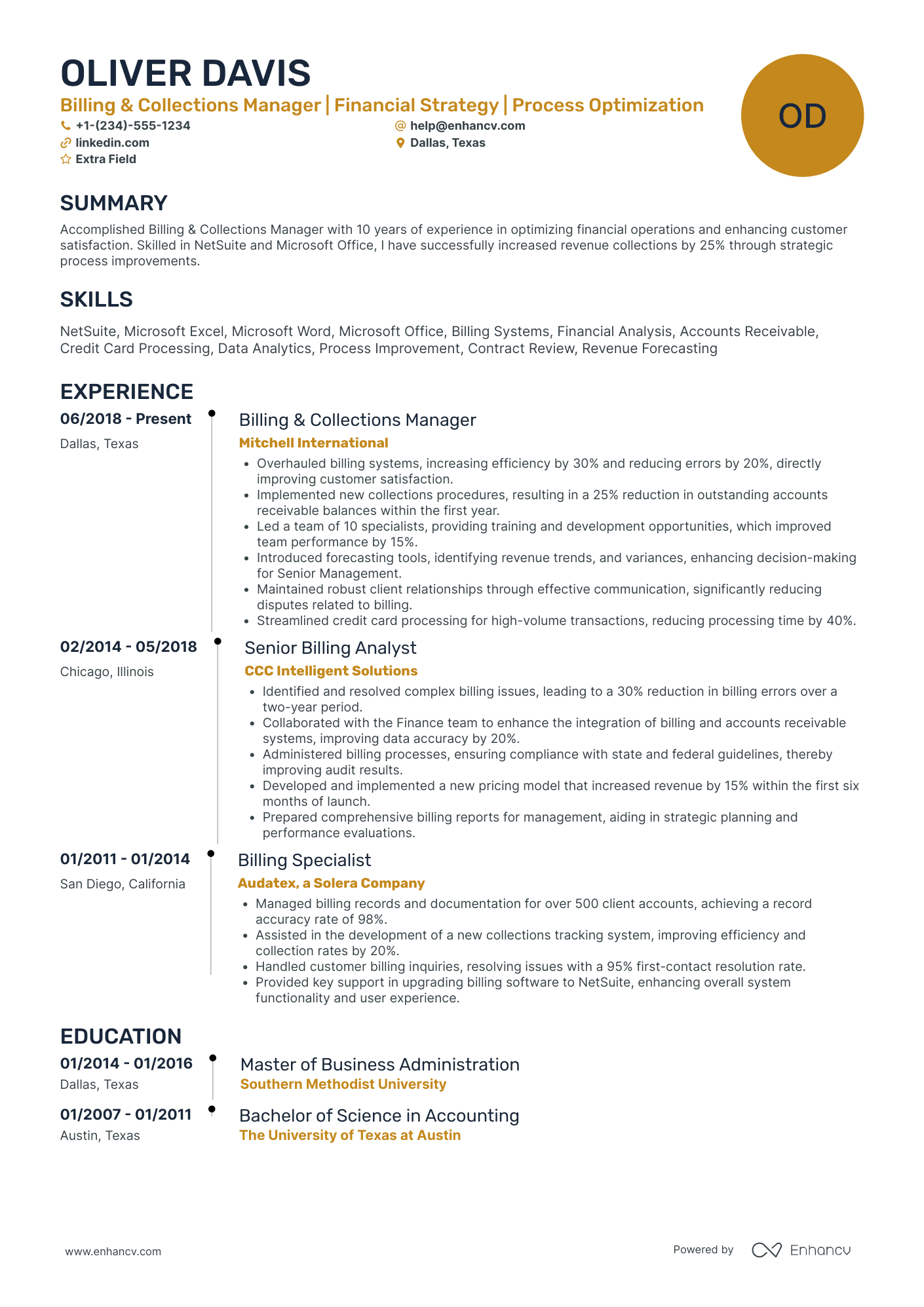 Billing and Collections Manager Resume Example