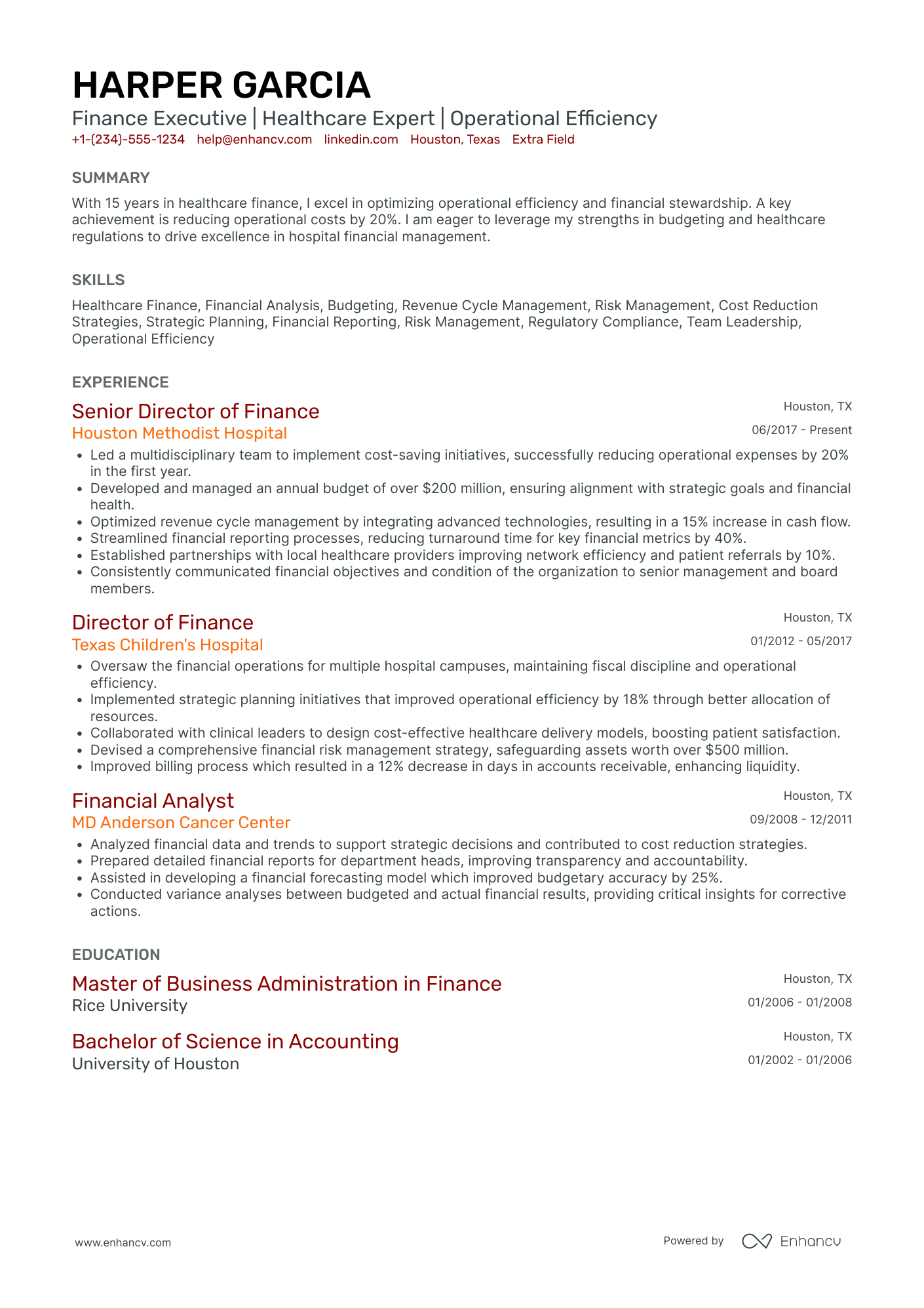 Executive Vice President of Finance Resume Example